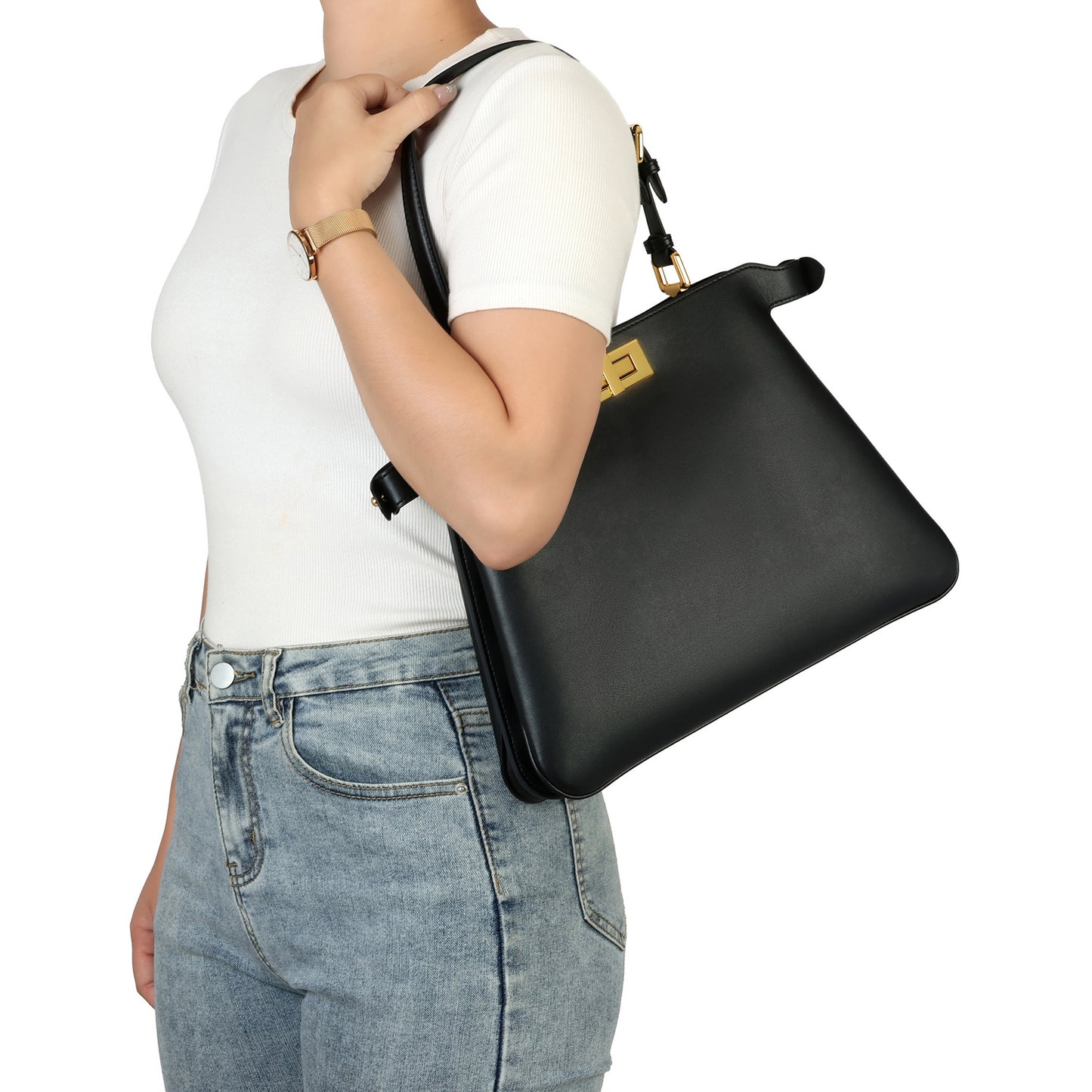 Smooth Leather Structured Tote with Turn-Lock Closure