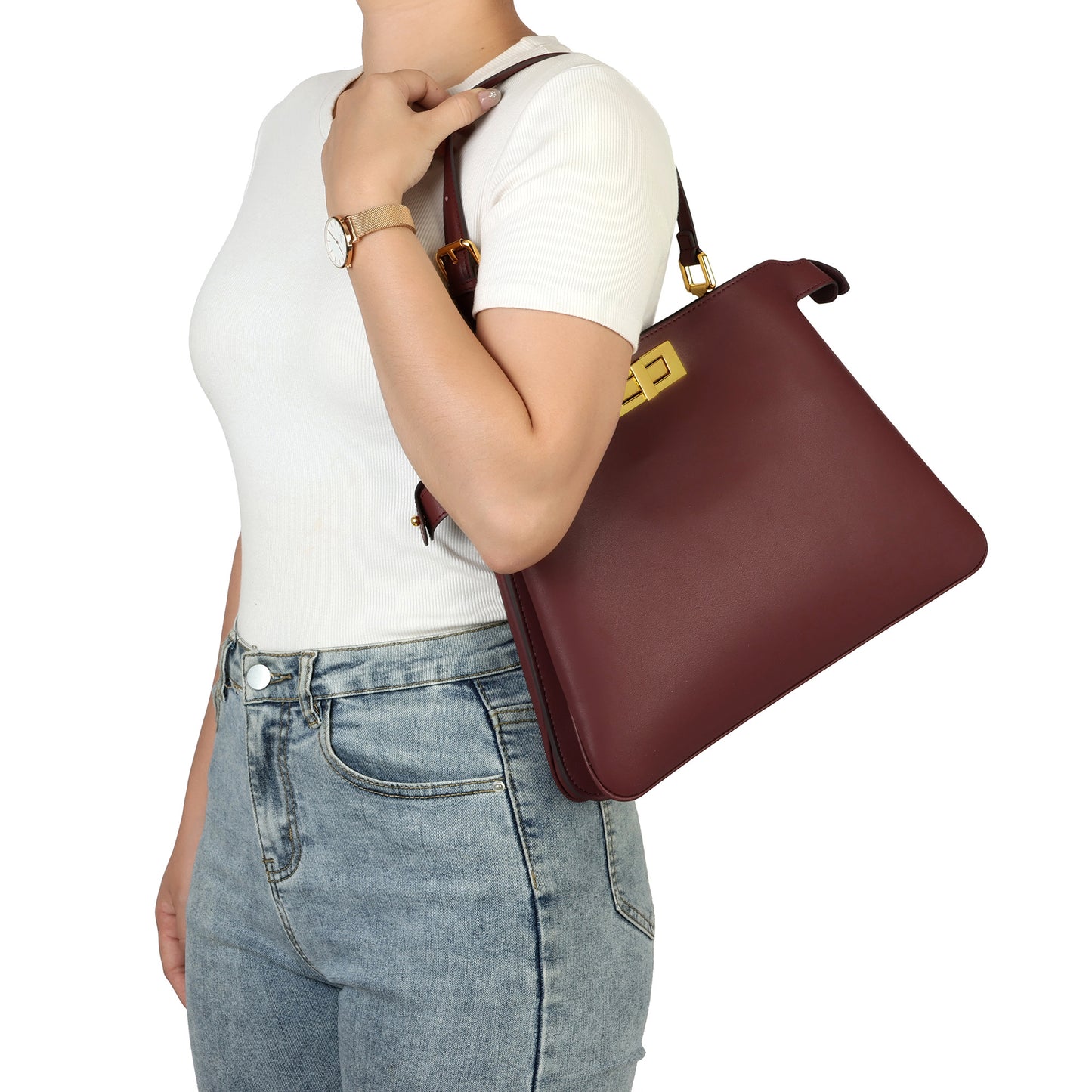 Smooth Leather Structured Tote with Turn-Lock Closure