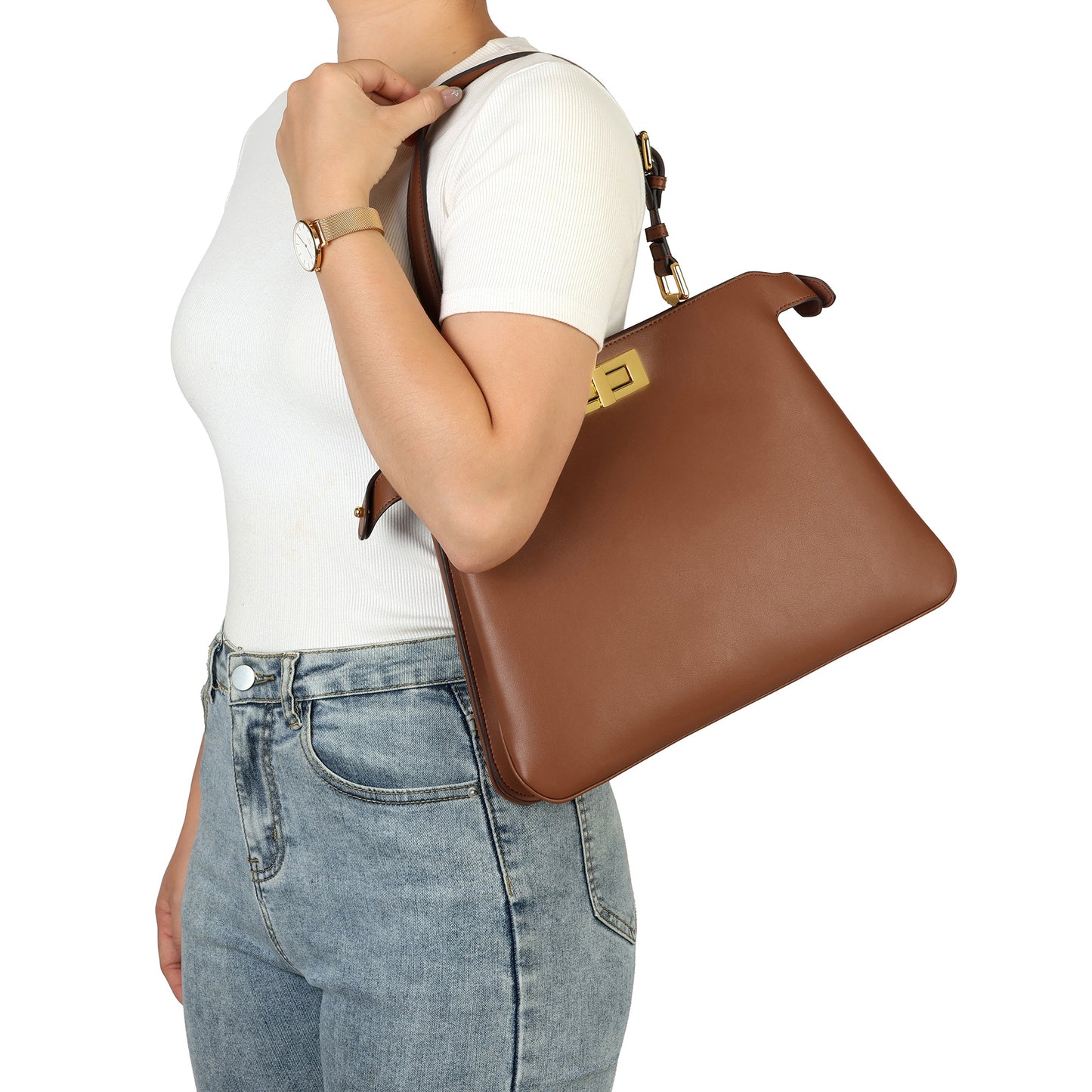 Smooth Leather Structured Tote with Turn-Lock Closure