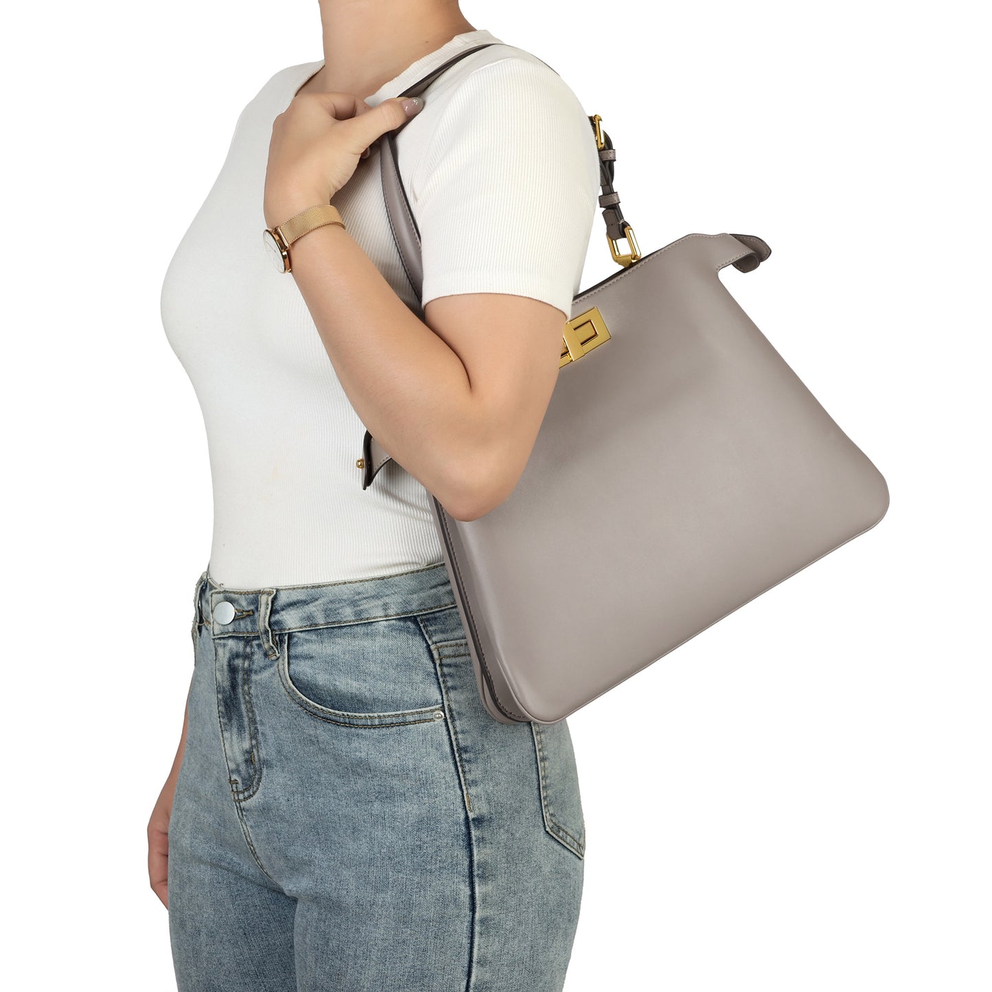 Smooth Leather Structured Tote with Turn-Lock Closure