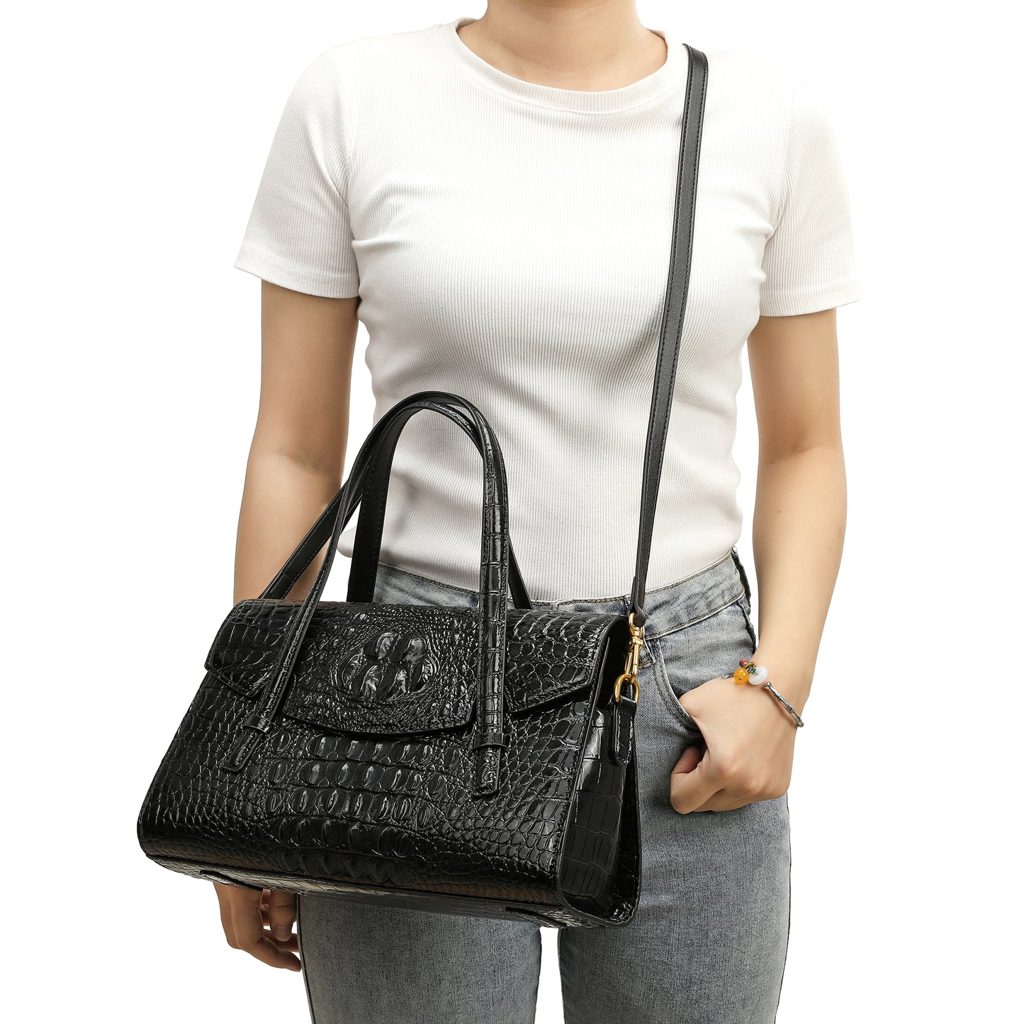 Tiffany & Fred Alligator Embossed Leather Satchel/Shoulder Bag