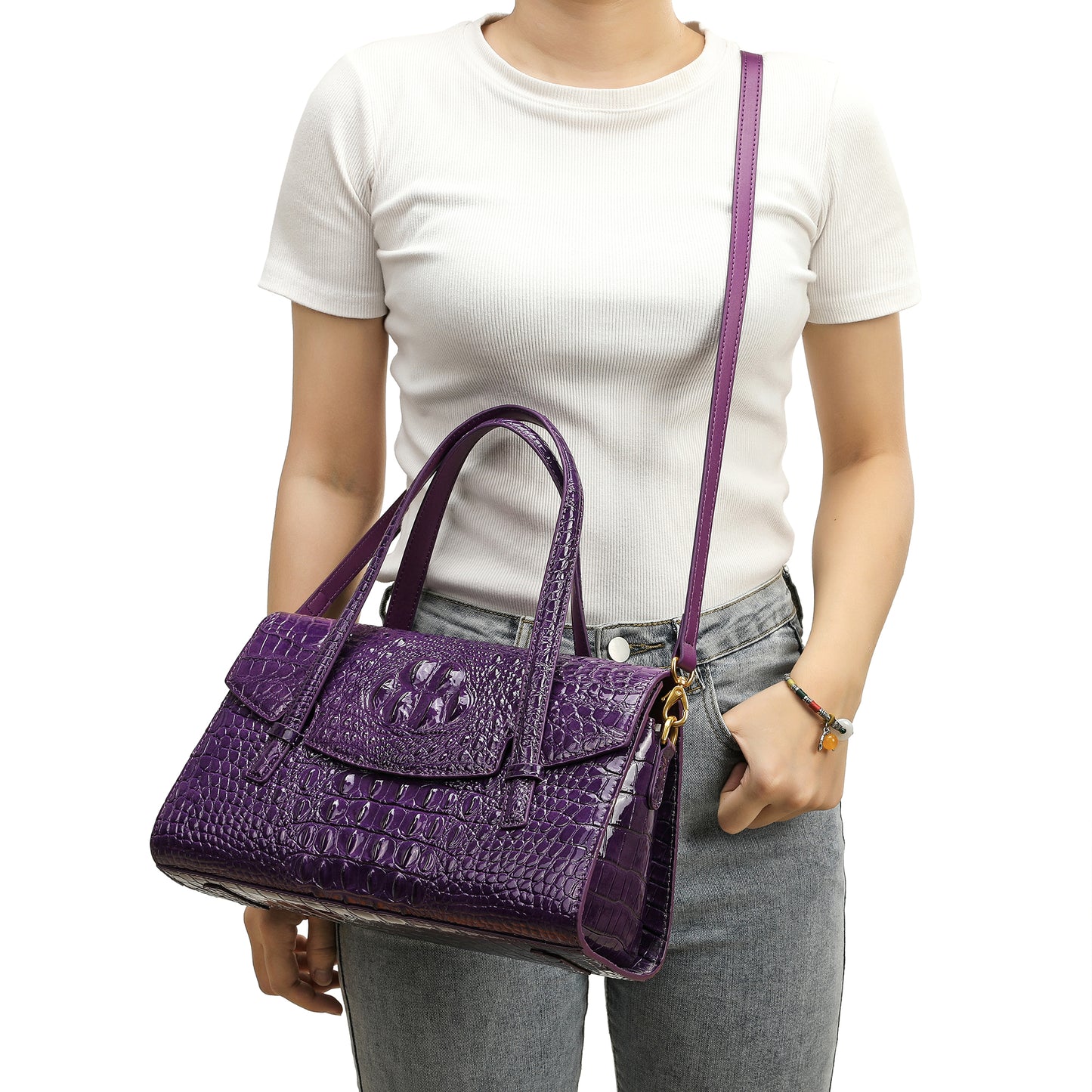 Tiffany & Fred Alligator Embossed Leather Satchel/Shoulder Bag