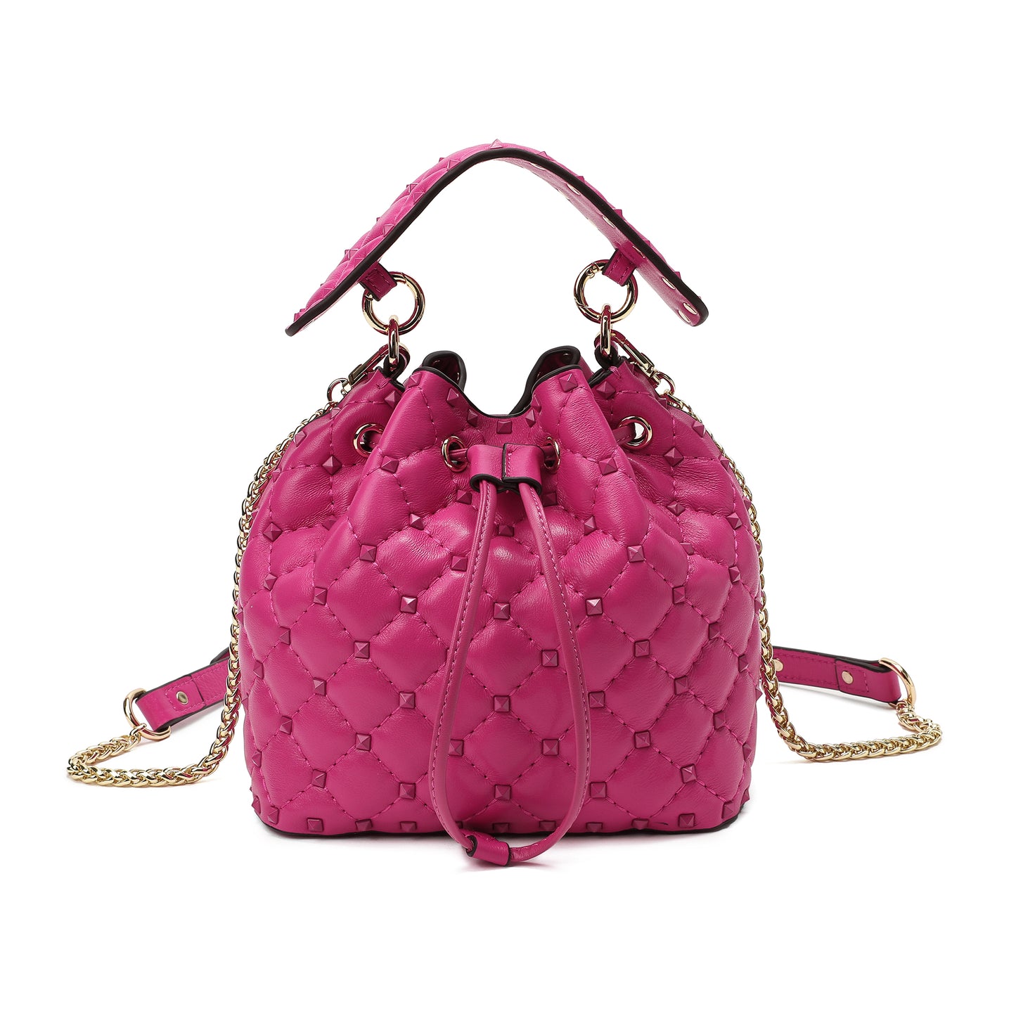 Quilted Studded Lambskin Drawstring Shoulder Bag