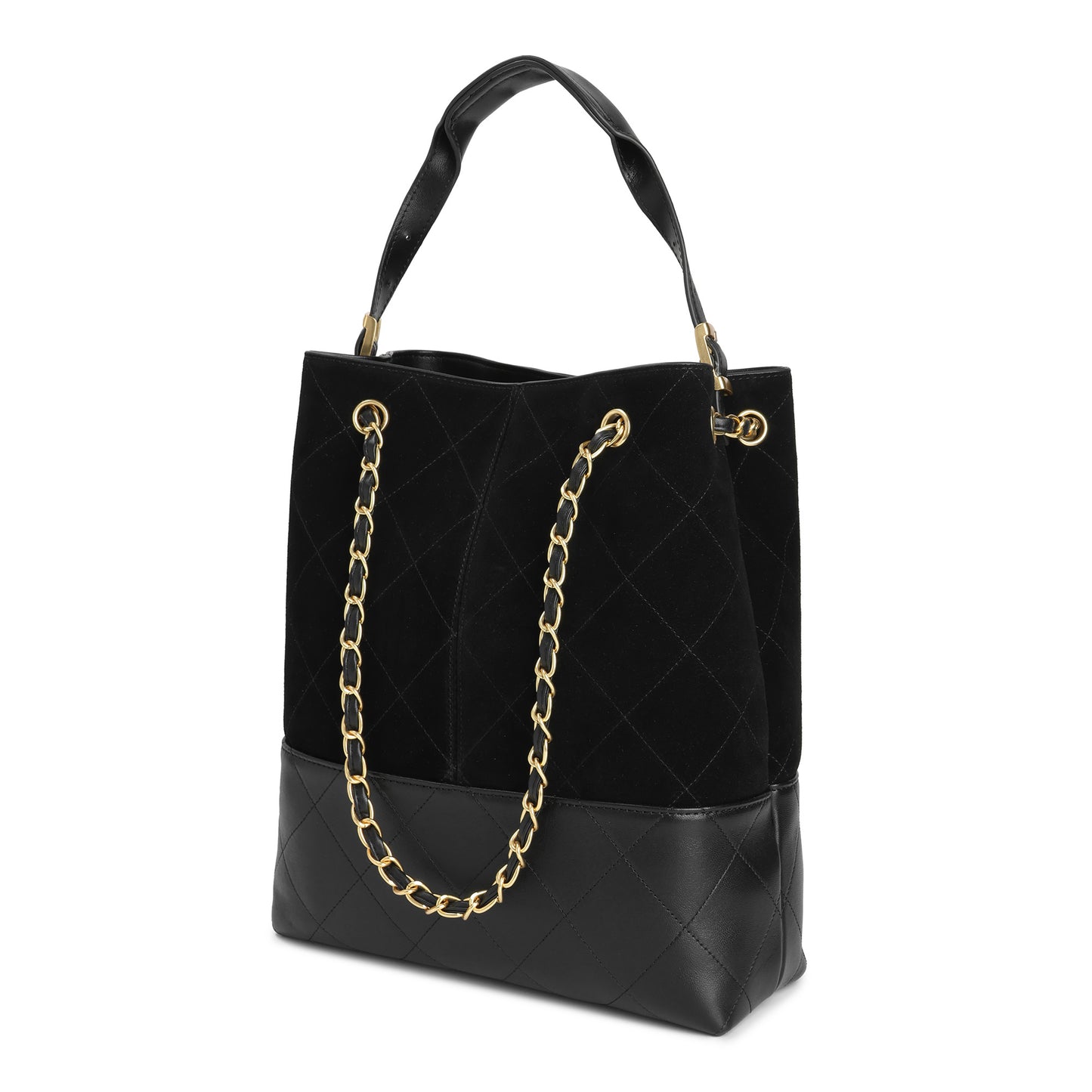 Suede & Leather Bucket Tote with Chain Straps