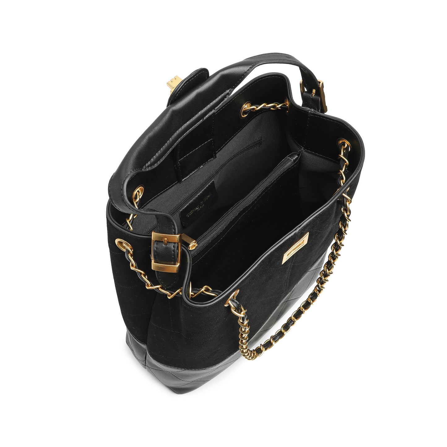 Suede & Leather Bucket Tote with Chain Straps