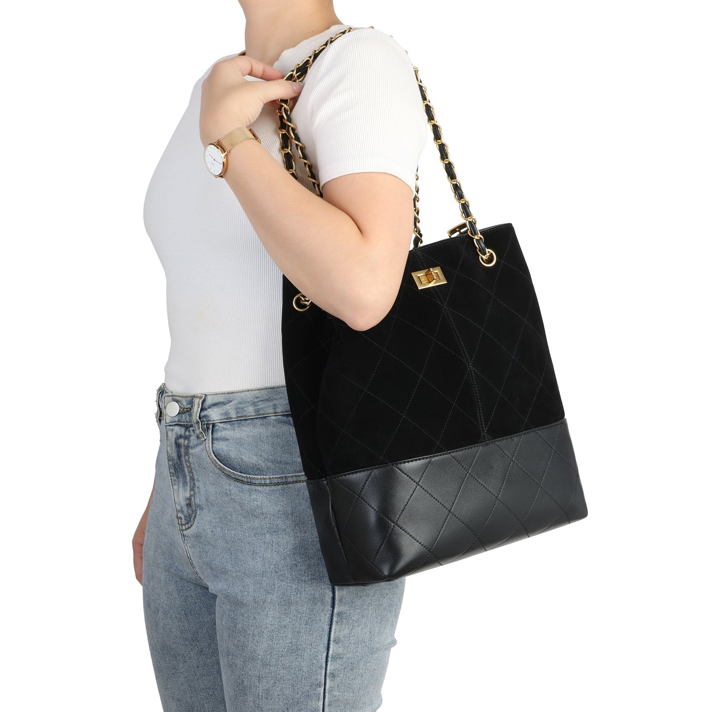 Suede & Leather Bucket Tote with Chain Straps