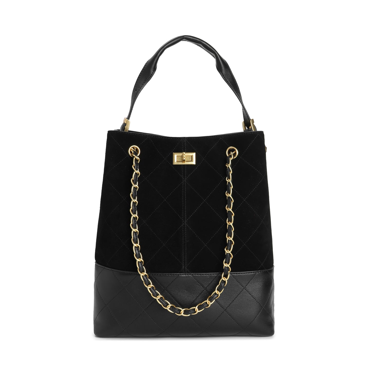 Suede & Leather Bucket Tote with Chain Straps