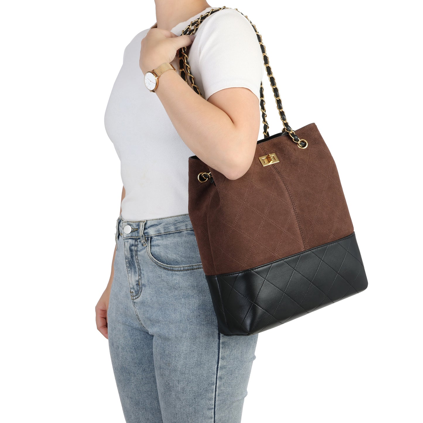 Suede & Leather Bucket Tote with Chain Straps