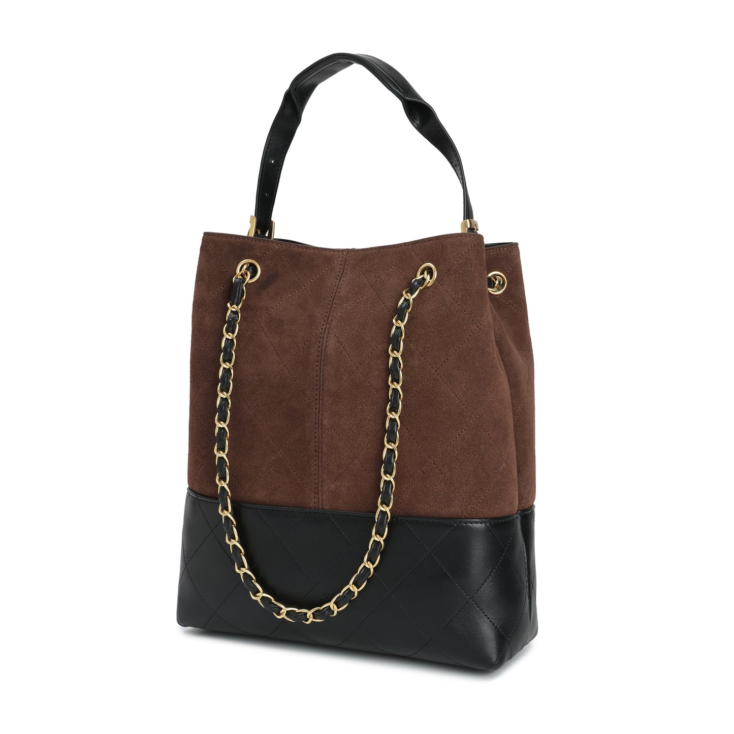 Suede & Leather Bucket Tote with Chain Straps
