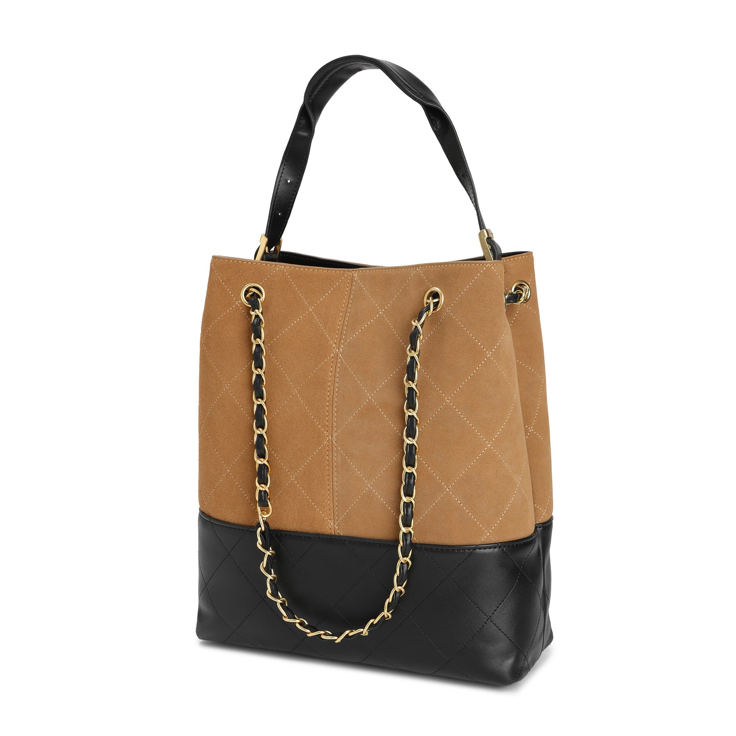 Suede & Leather Bucket Tote with Chain Straps