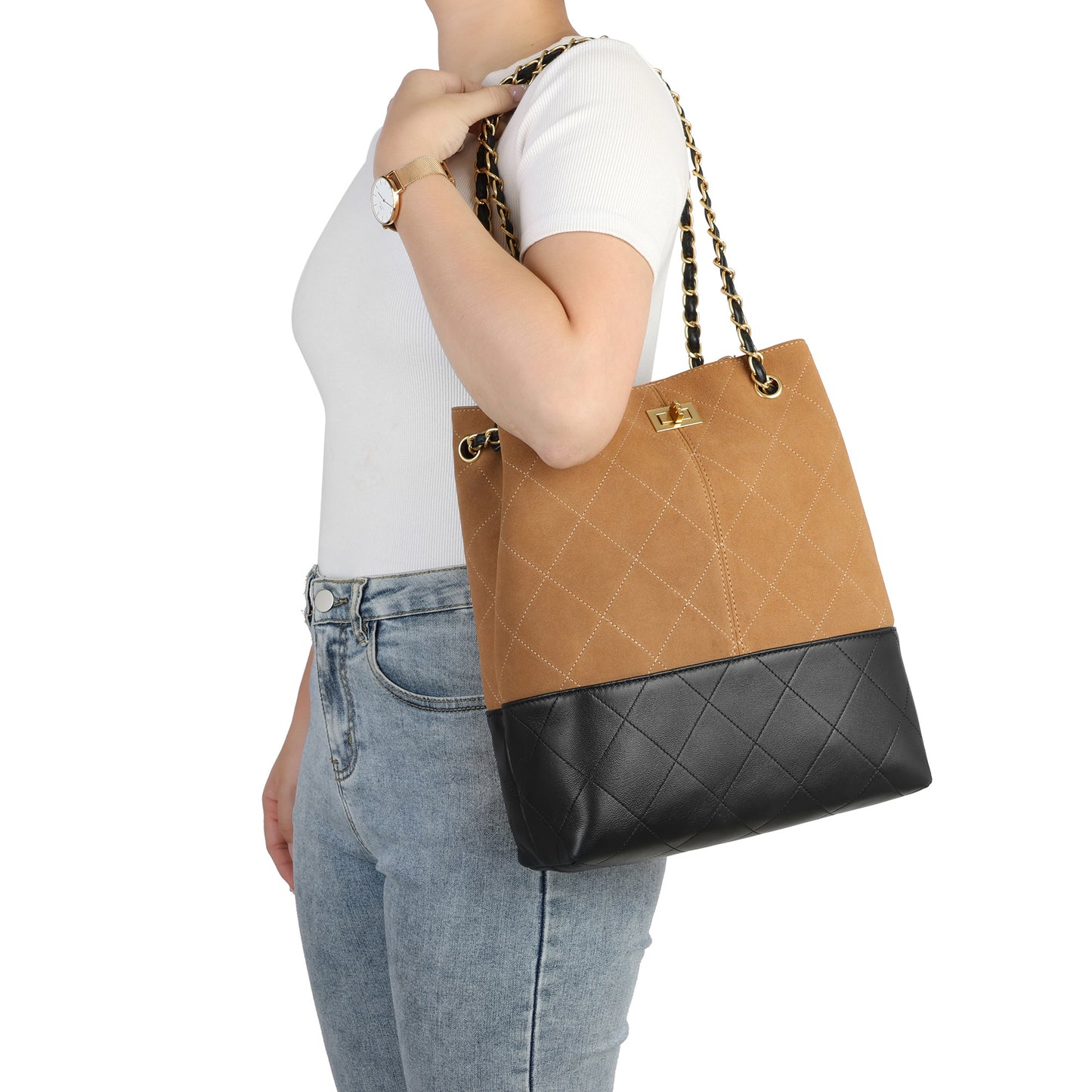 Suede & Leather Bucket Tote with Chain Straps