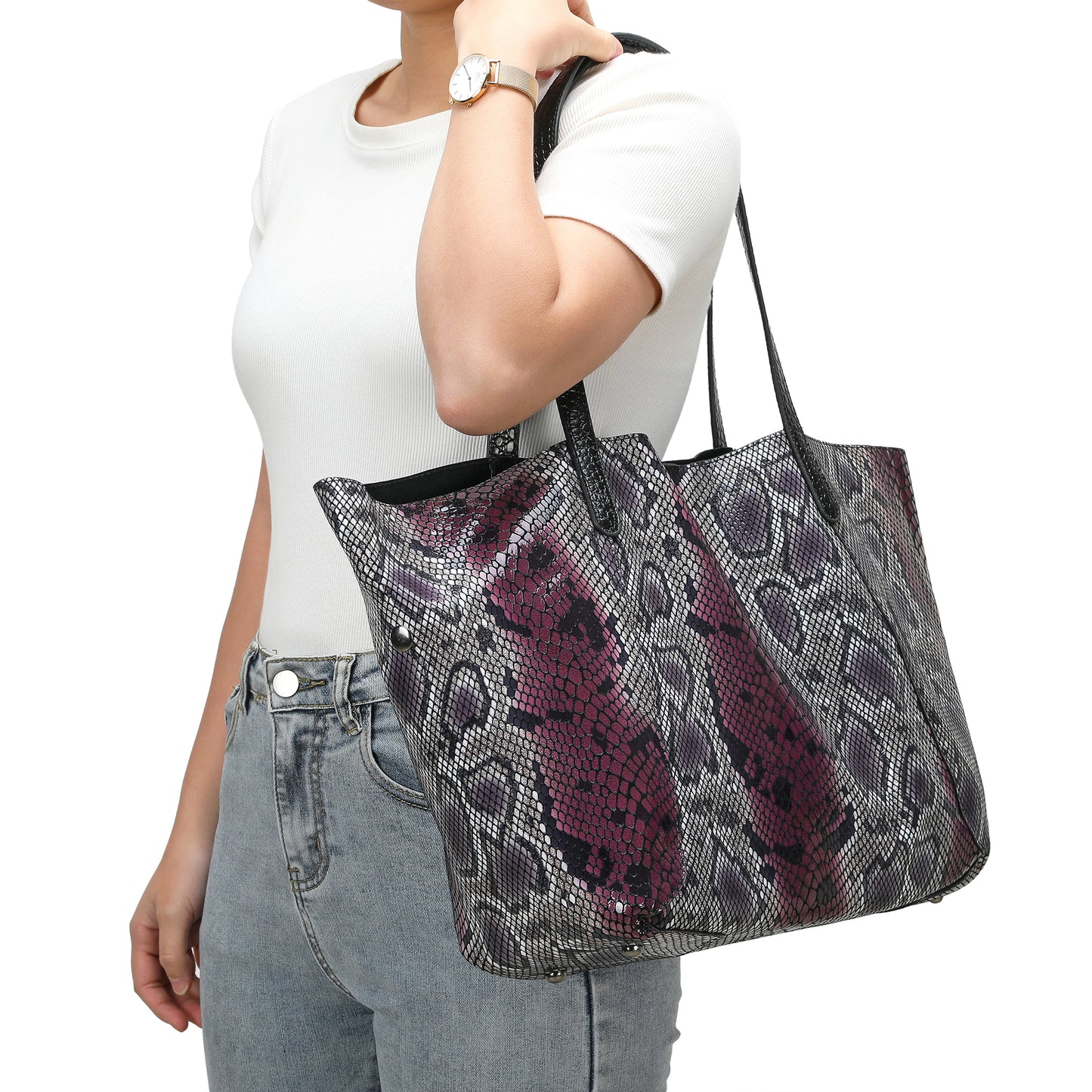 Large Python Print Leather Tote