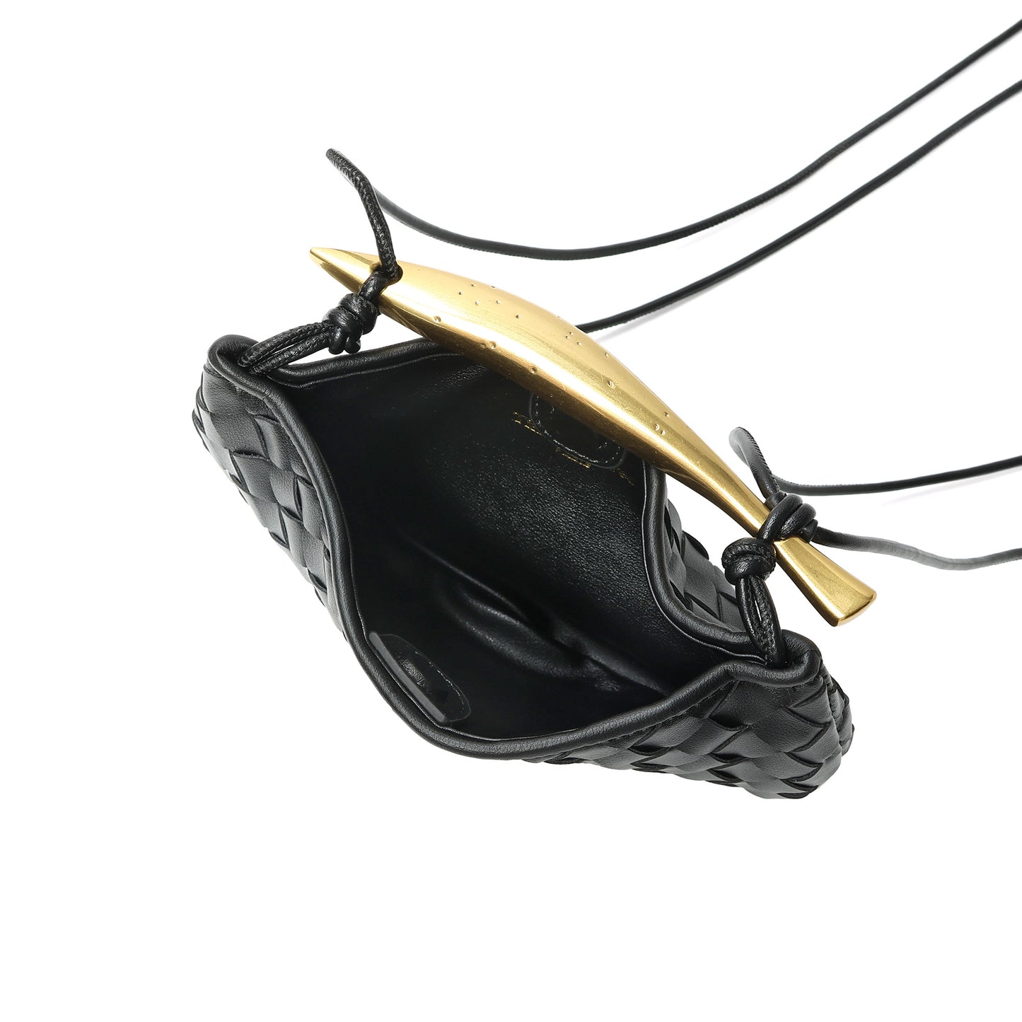 Woven Leather Crescent Bag with Sculpted Brass Handle