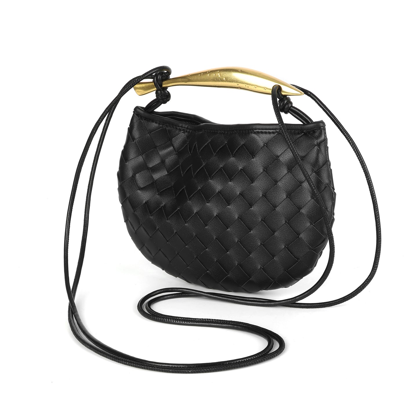 Woven Leather Crescent Bag with Sculpted Brass Handle