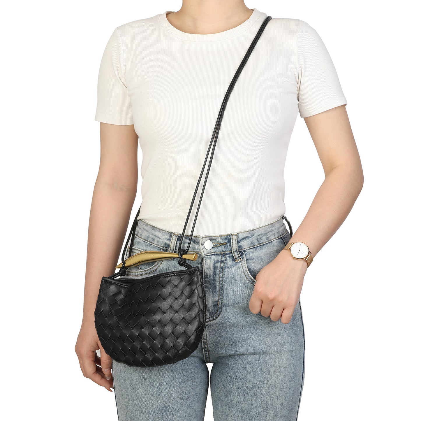Woven Leather Crescent Bag with Sculpted Brass Handle