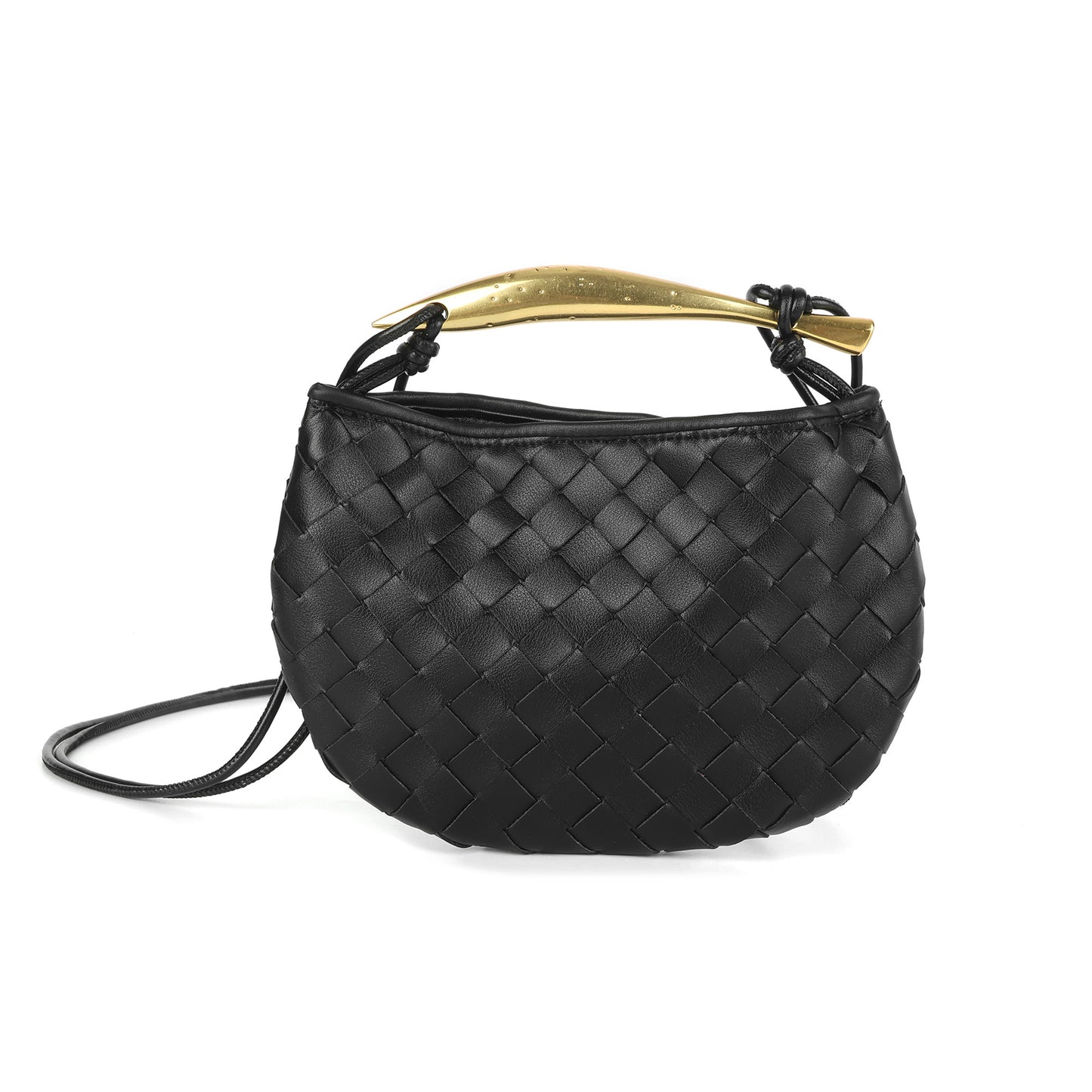 Woven Leather Crescent Bag with Sculpted Brass Handle