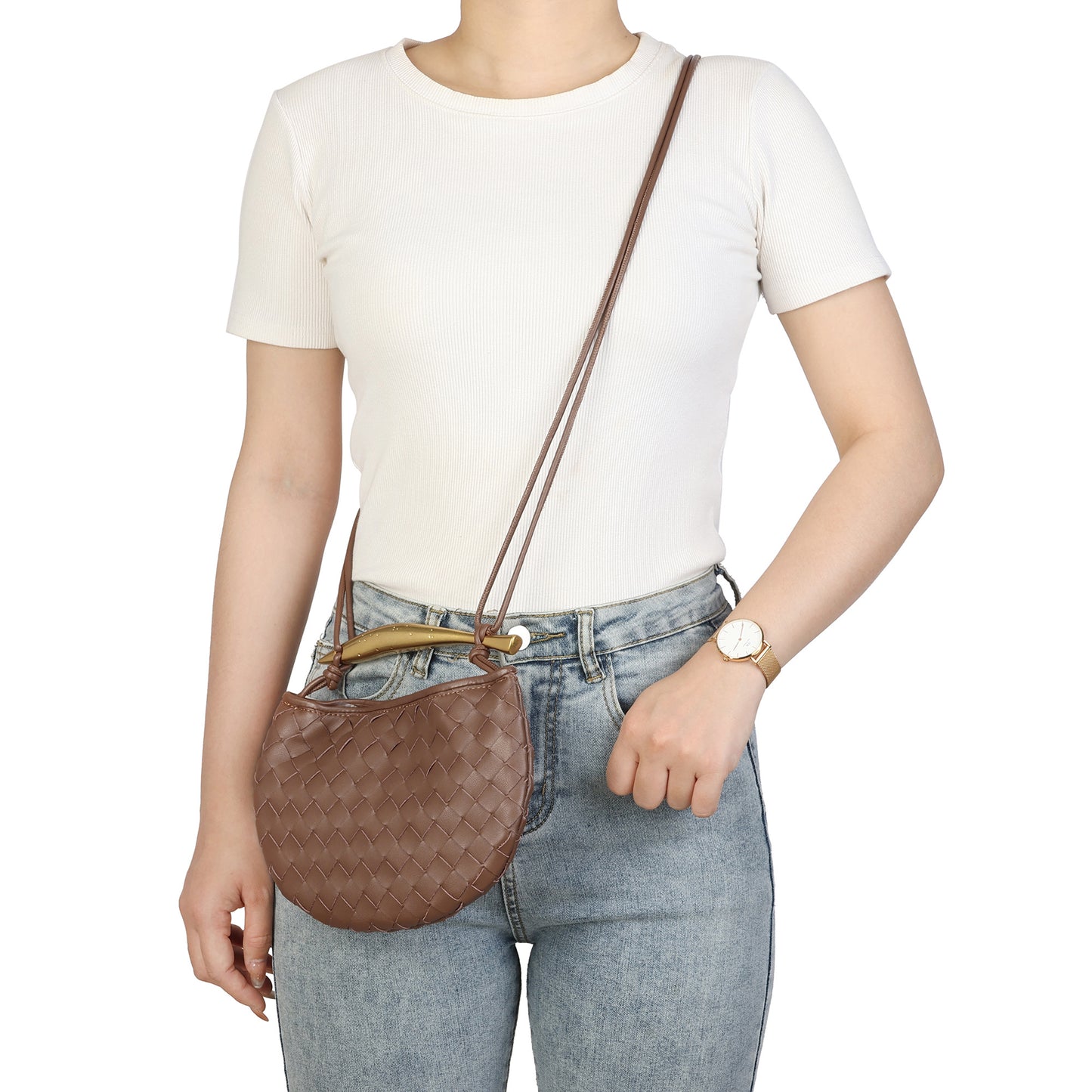 Woven Leather Crescent Bag with Sculpted Brass Handle