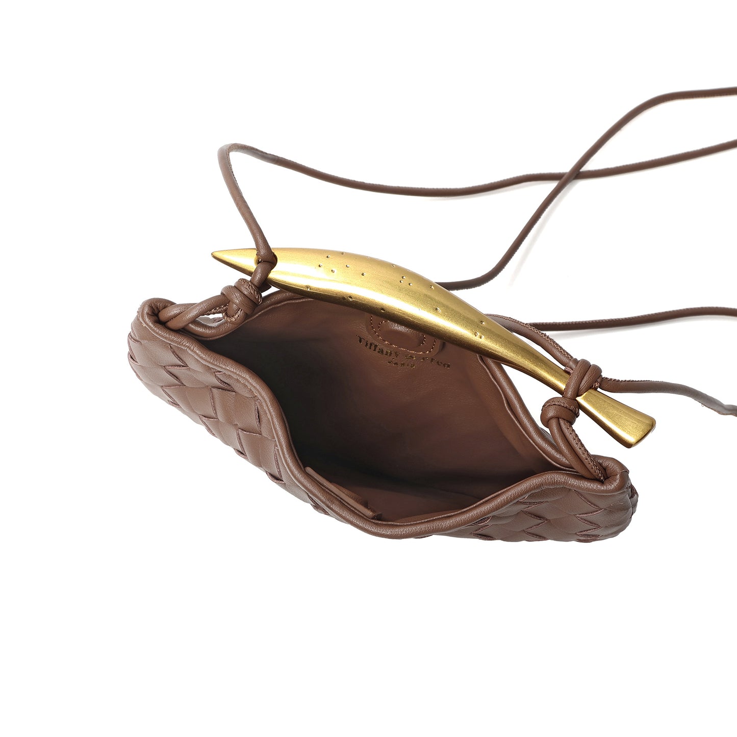 Woven Leather Crescent Bag with Sculpted Brass Handle