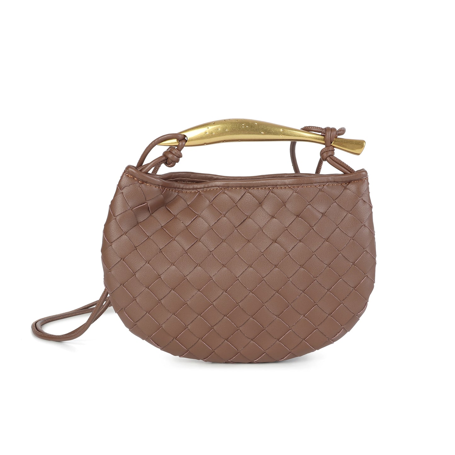 Woven Leather Crescent Bag with Sculpted Brass Handle