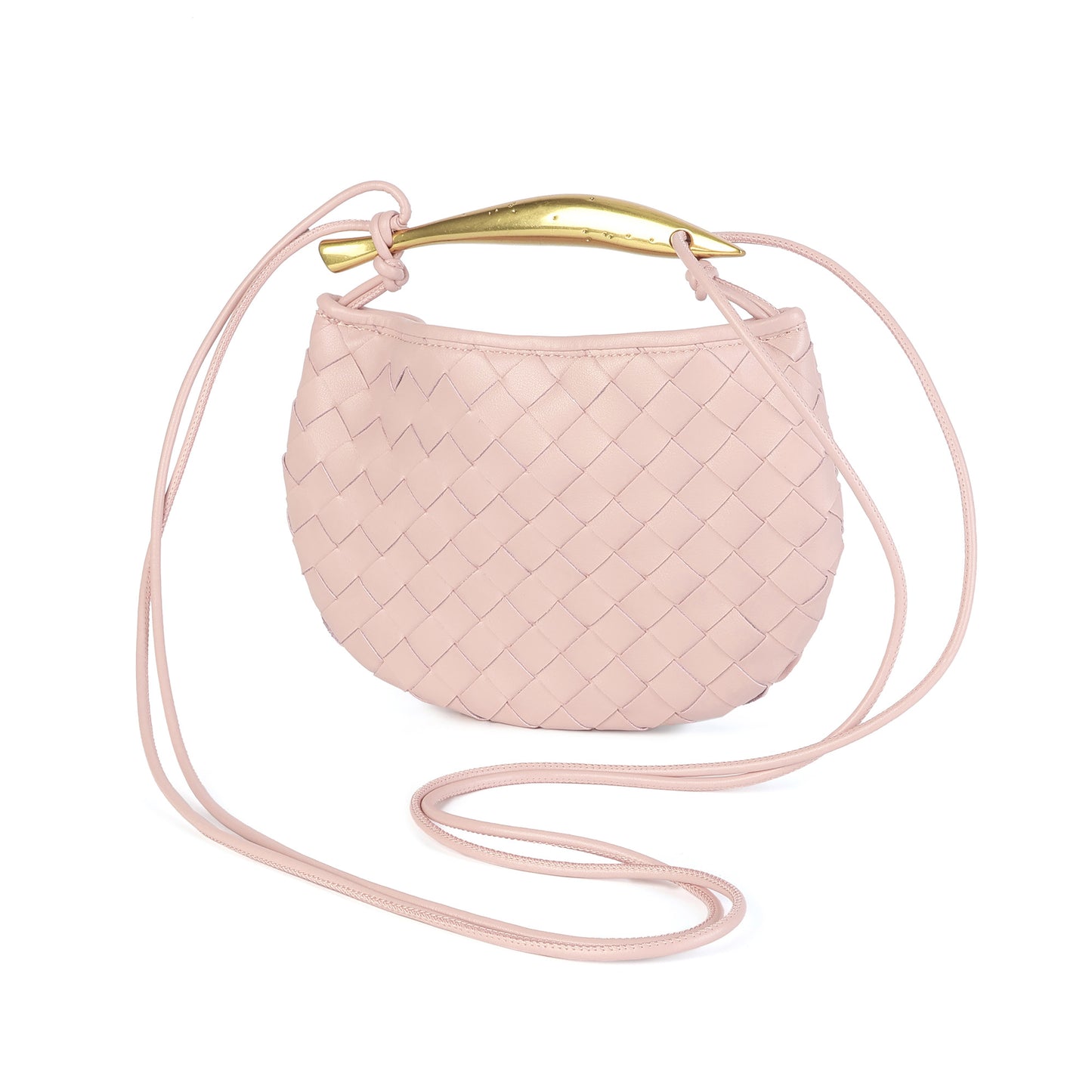Woven Leather Crescent Bag with Sculpted Brass Handle