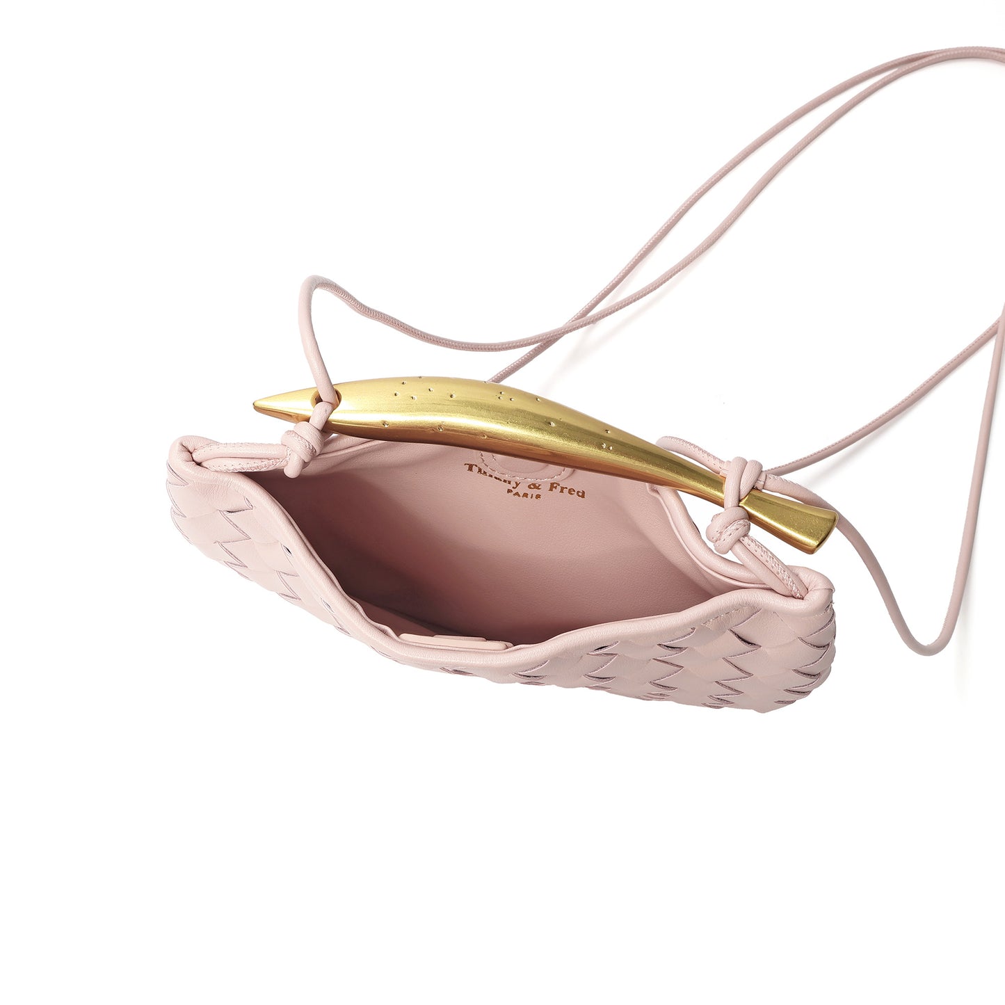 Woven Leather Crescent Bag with Sculpted Brass Handle