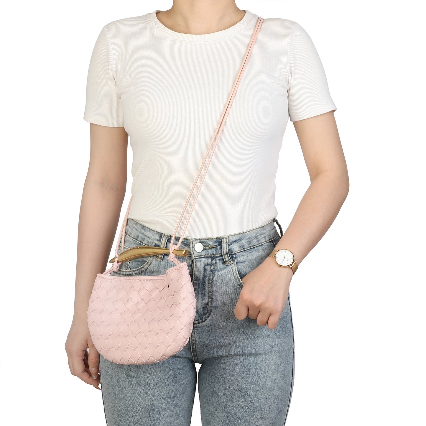Woven Leather Crescent Bag with Sculpted Brass Handle