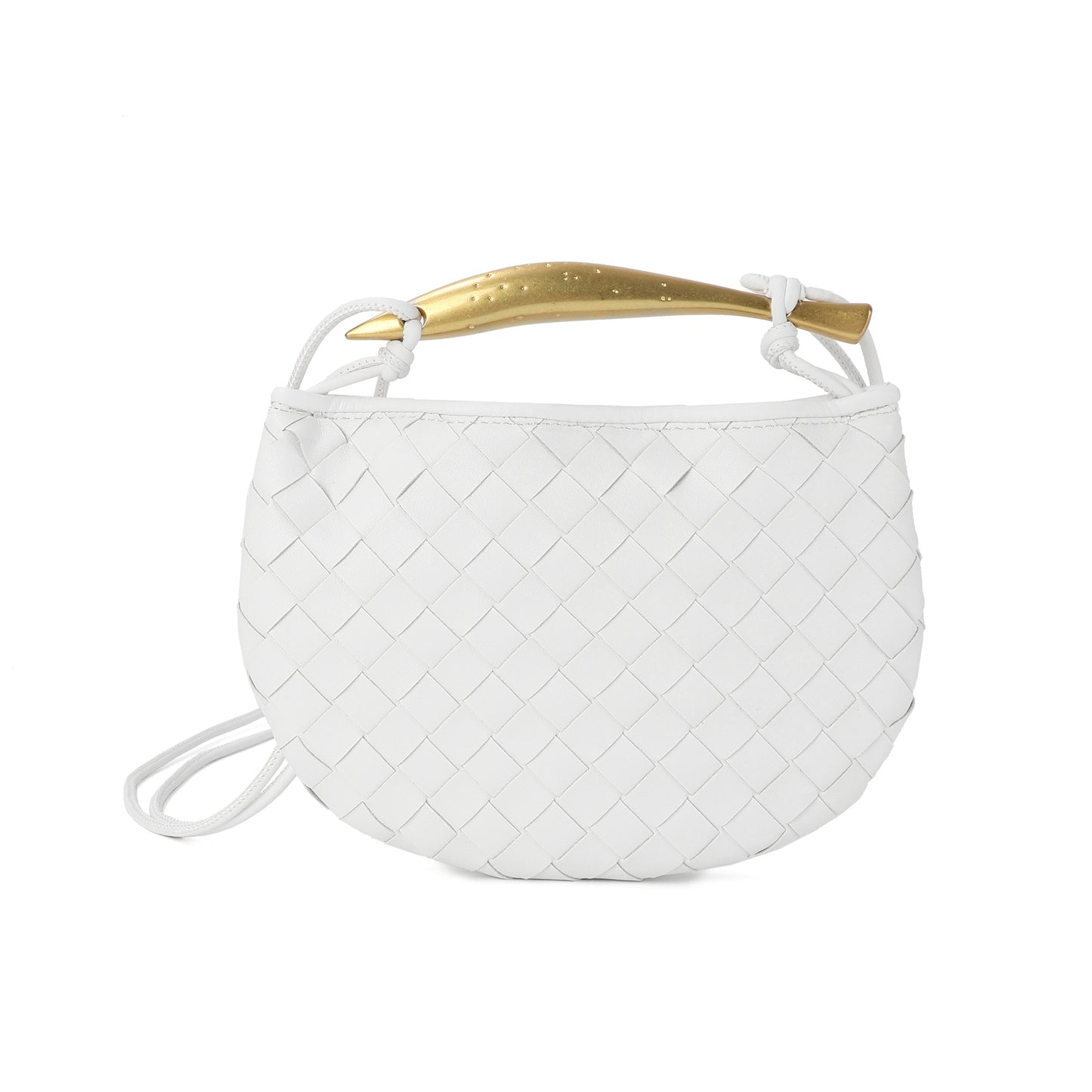 Woven Leather Crescent Bag with Sculpted Brass Handle
