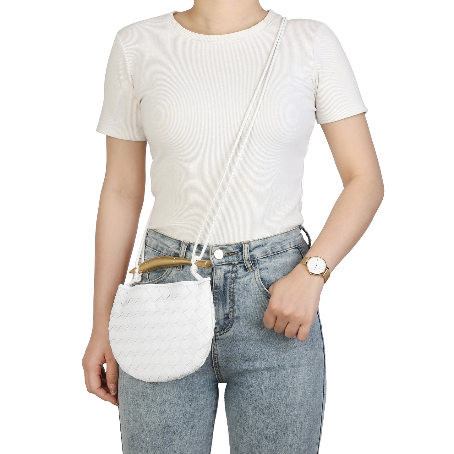 Woven Leather Crescent Bag with Sculpted Brass Handle