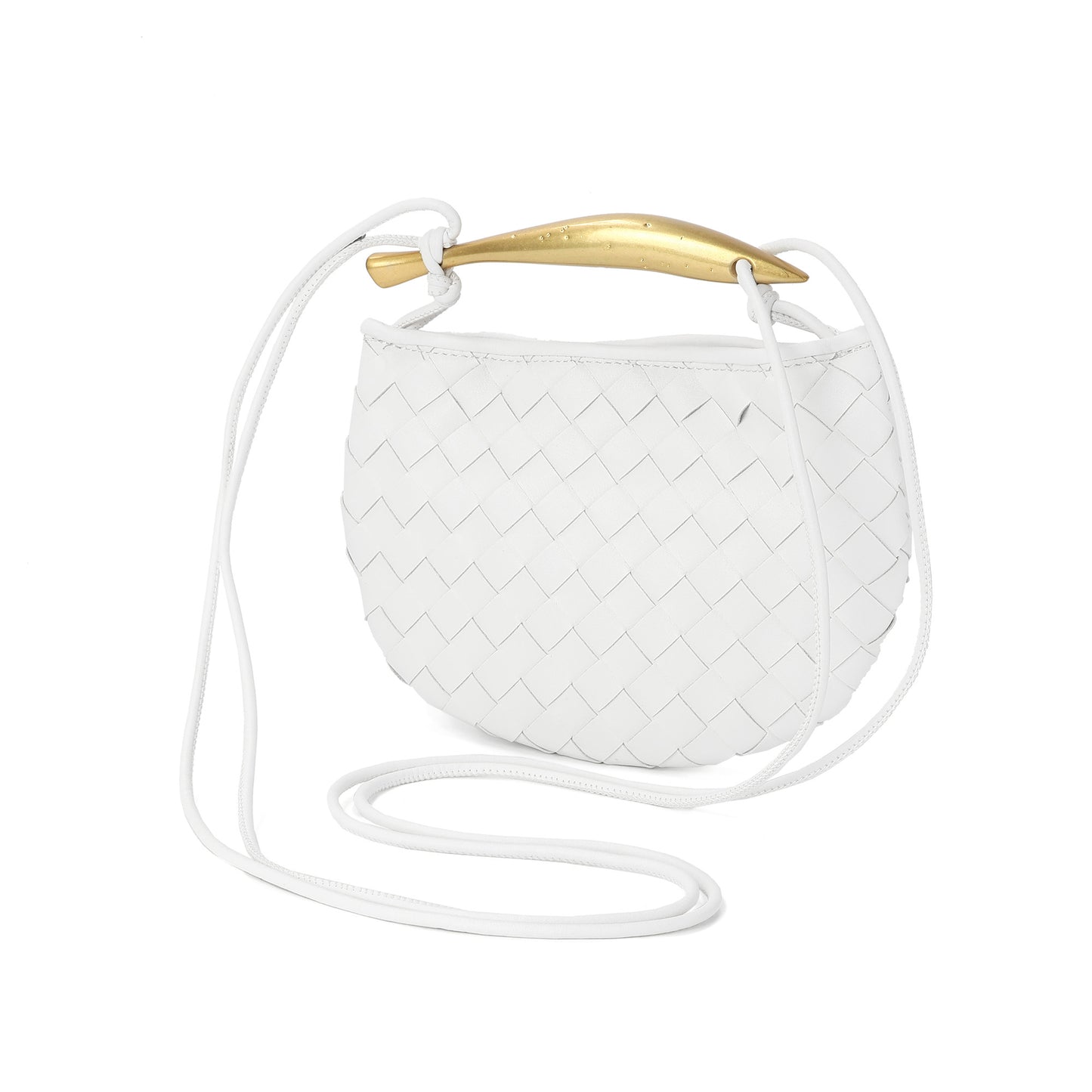 Woven Leather Crescent Bag with Sculpted Brass Handle
