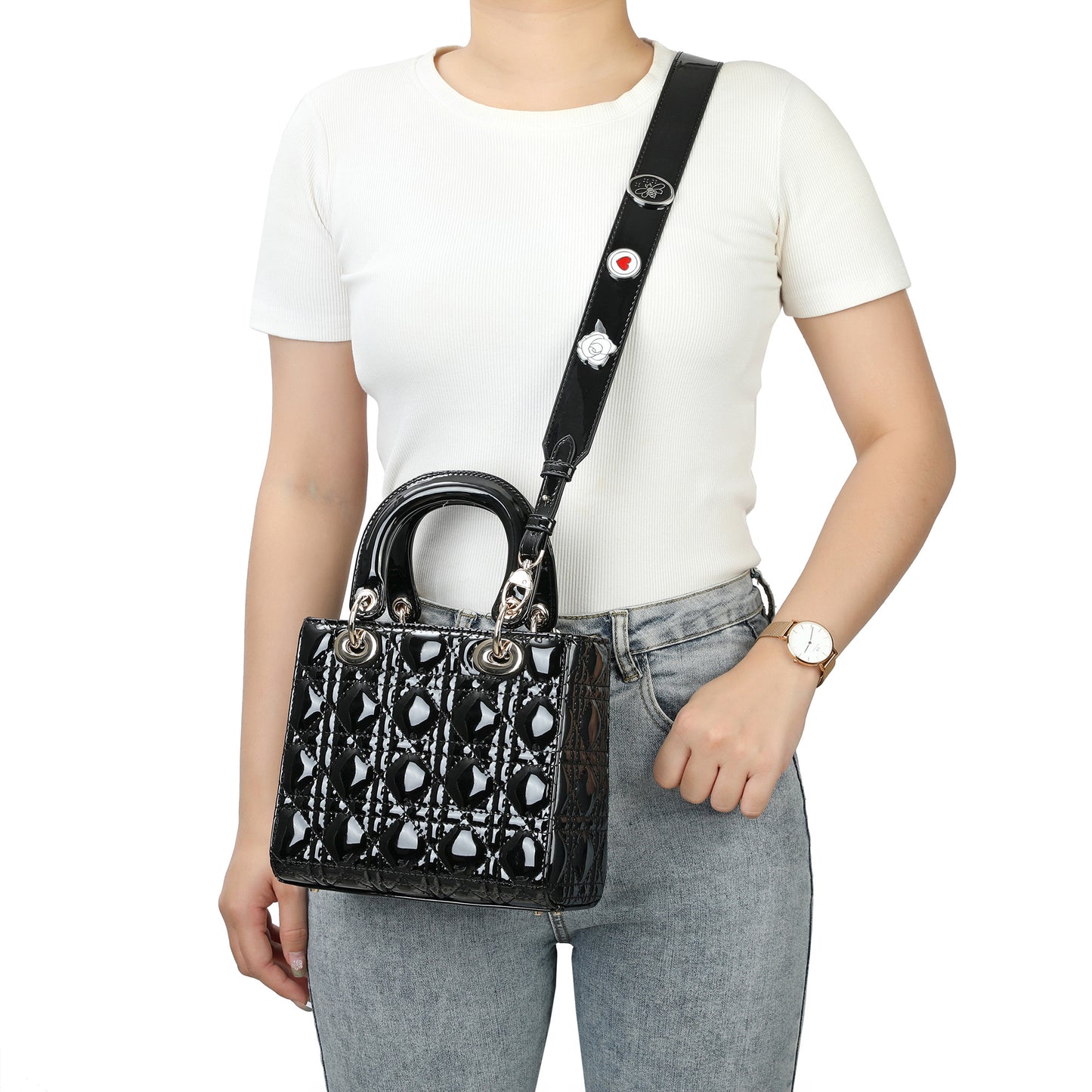 Patent Quilted Leather Mini Tote with Top Handles