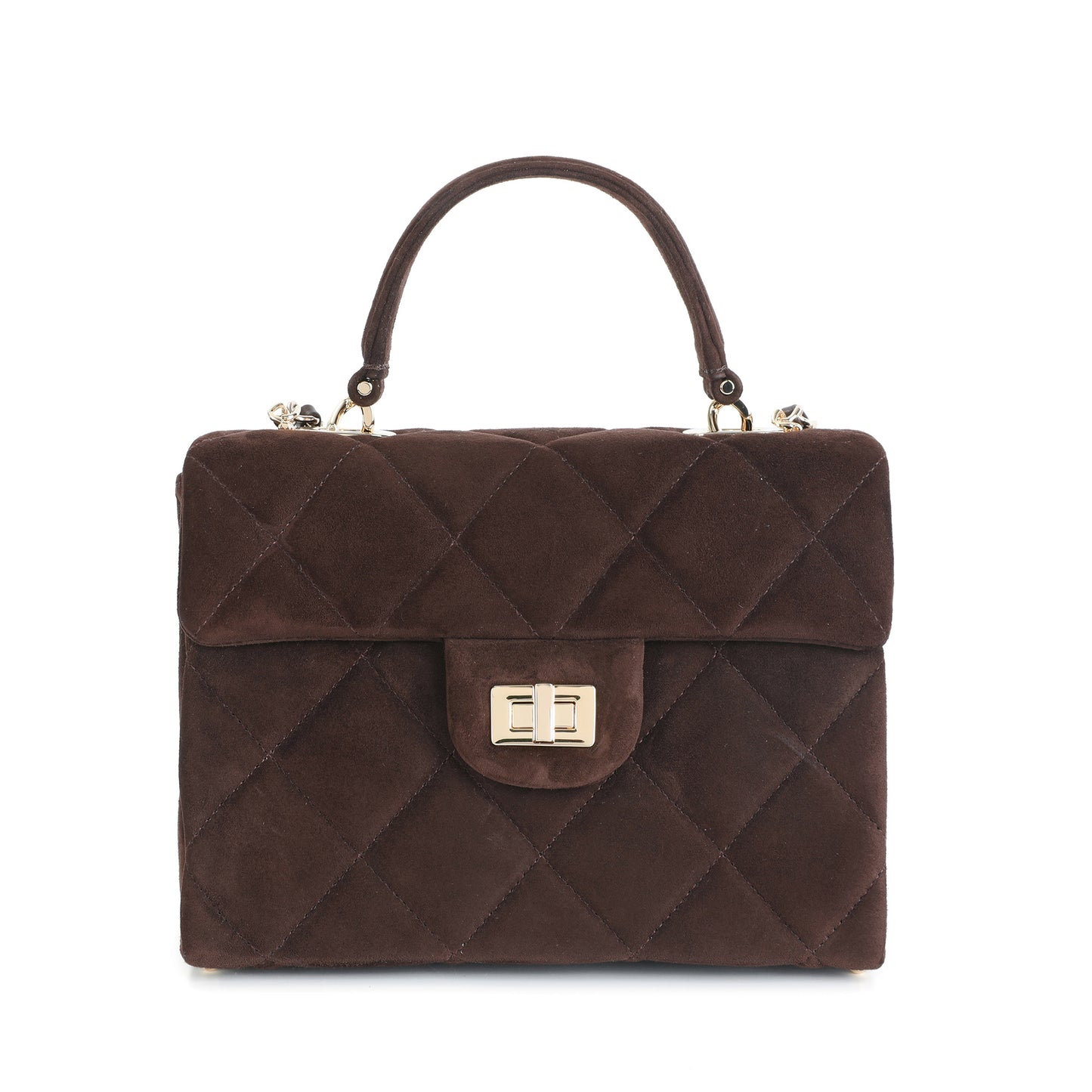 Quilted Suede Top Handle Bag with Chain Strap