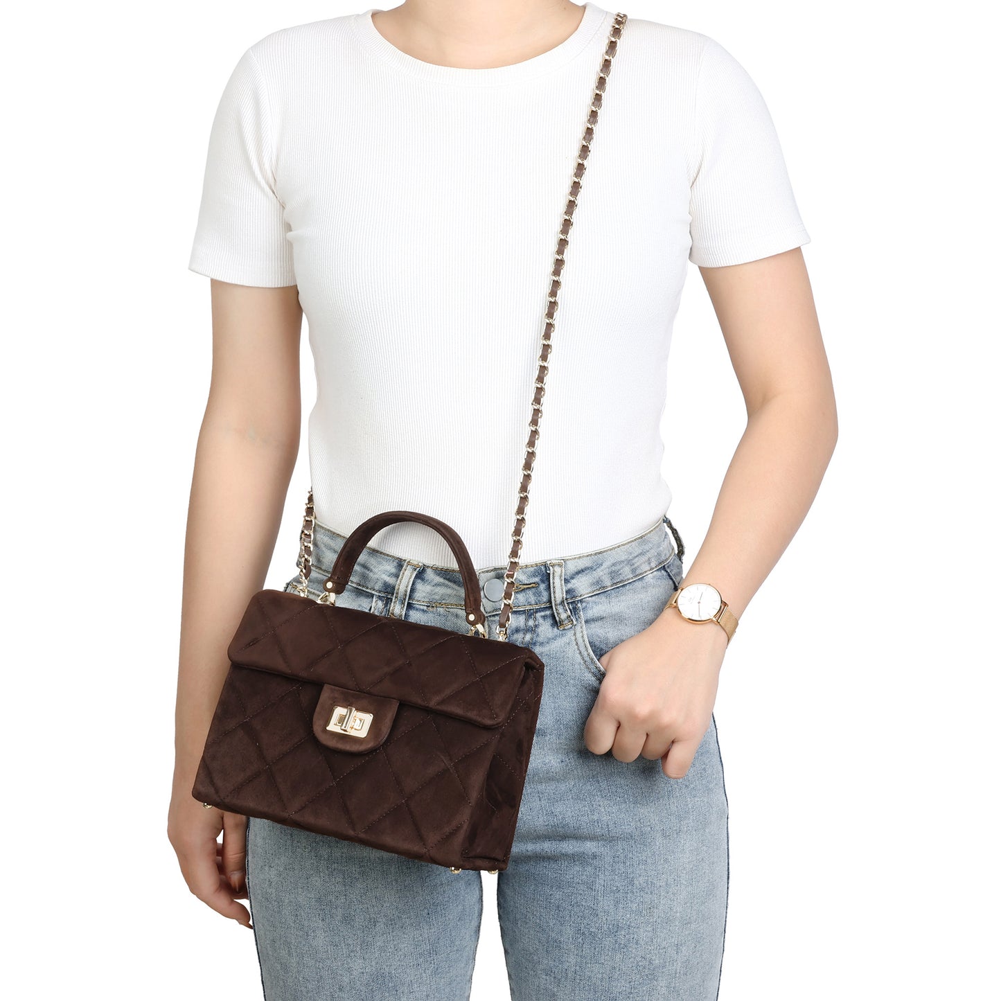 Quilted Suede Top Handle Bag with Chain Strap