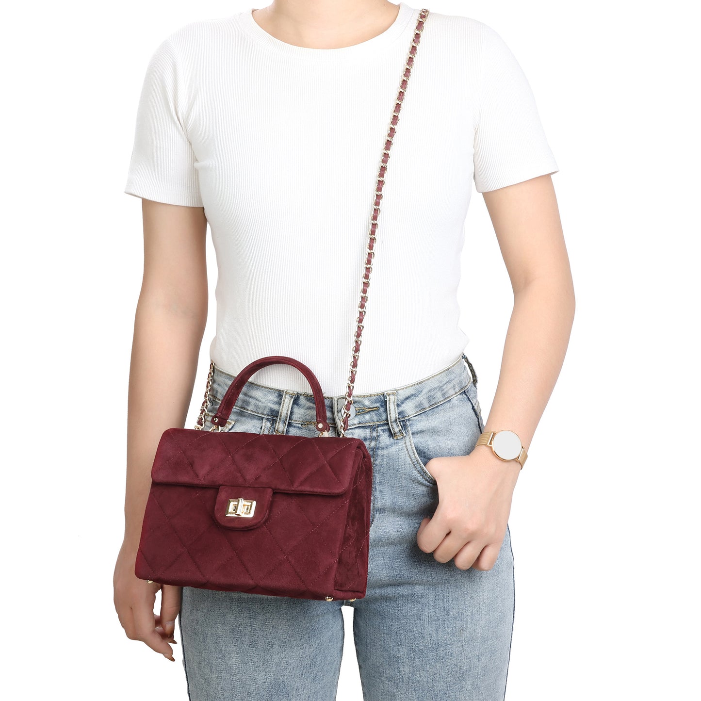 Quilted Suede Top Handle Bag with Chain Strap