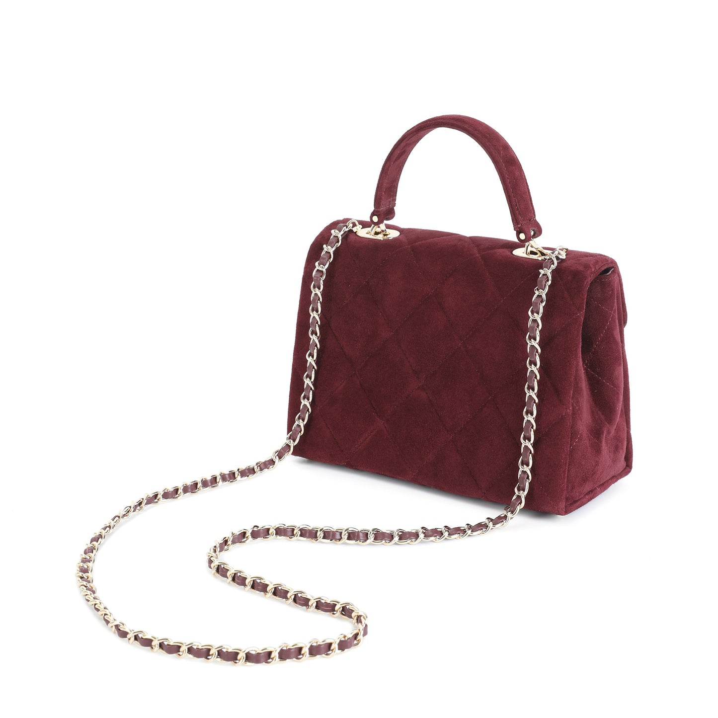 Quilted Suede Top Handle Bag with Chain Strap