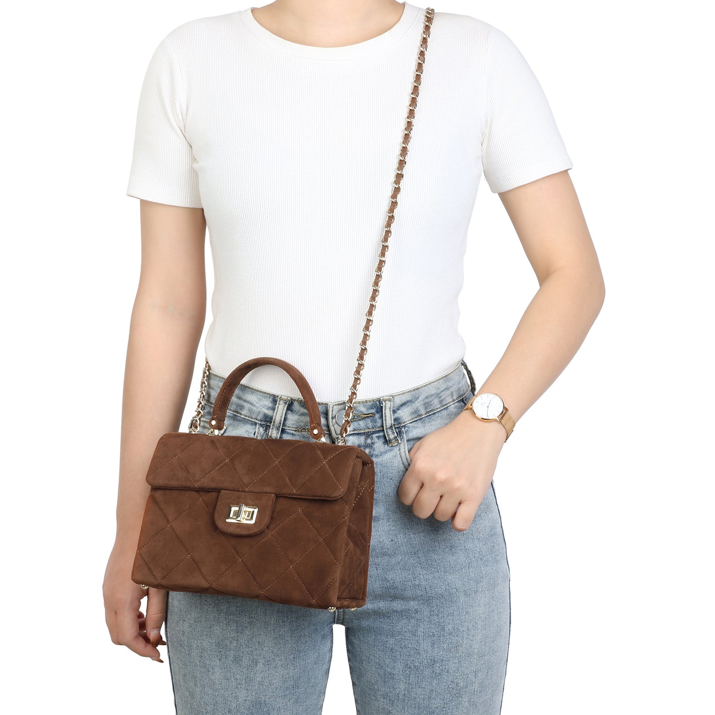 Quilted Suede Top Handle Bag with Chain Strap