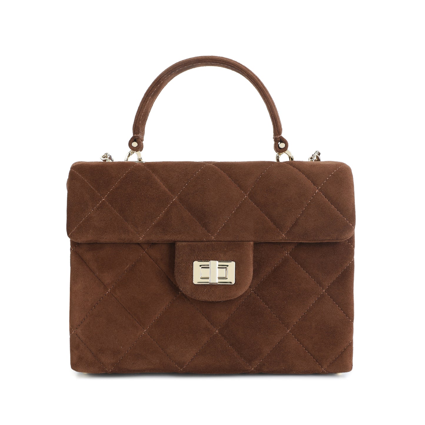 Quilted Suede Top Handle Bag with Chain Strap