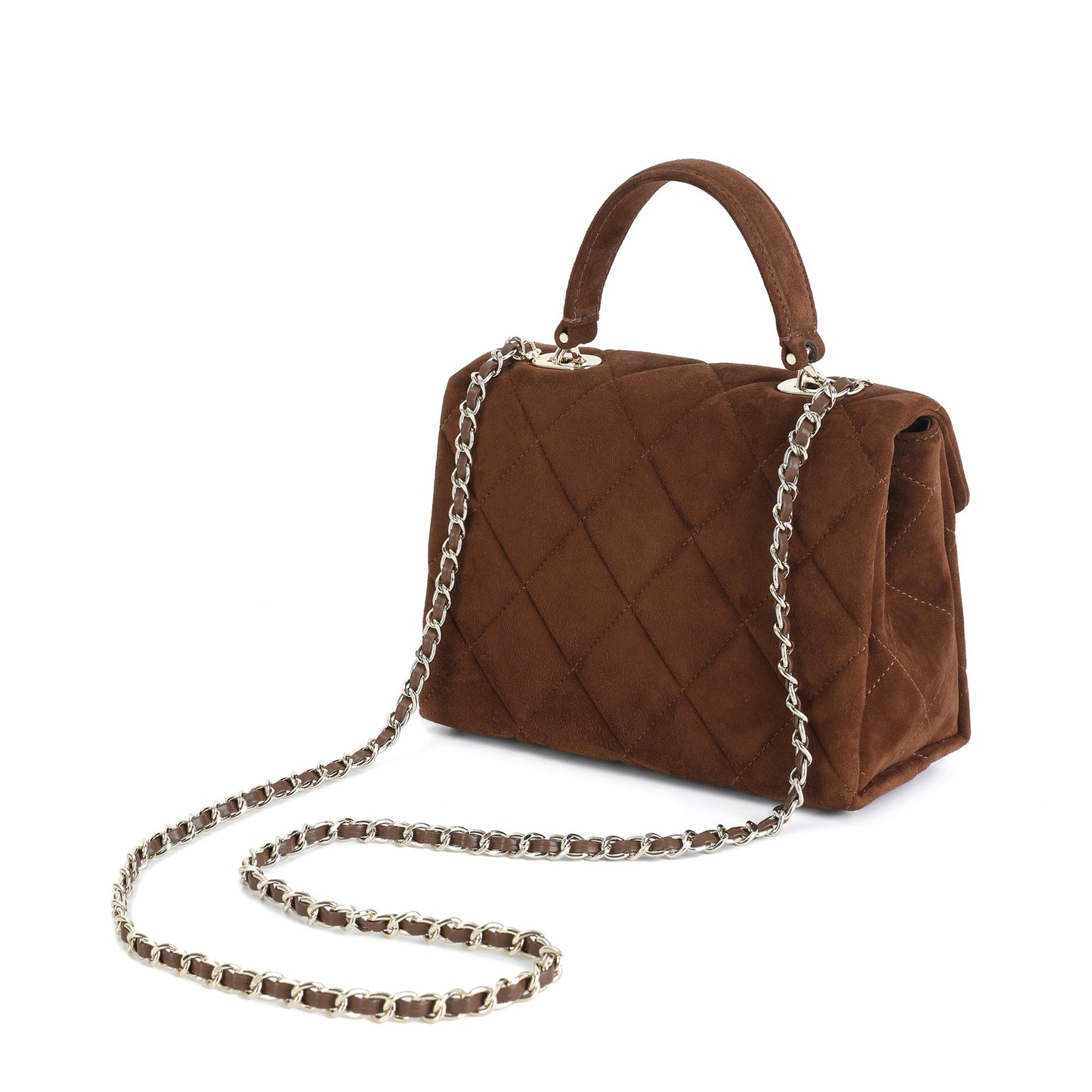 Quilted Suede Top Handle Bag with Chain Strap