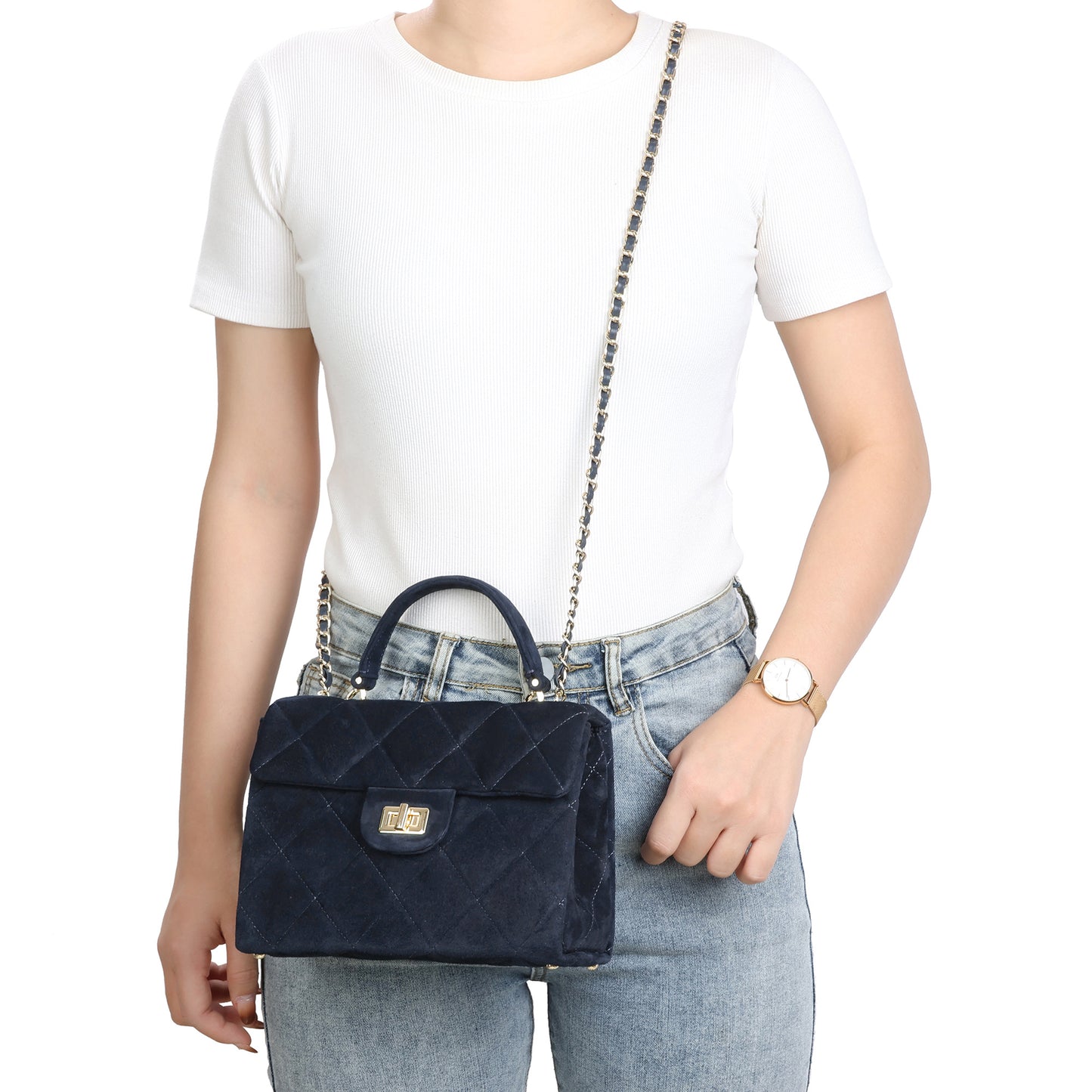 Quilted Suede Top Handle Bag with Chain Strap