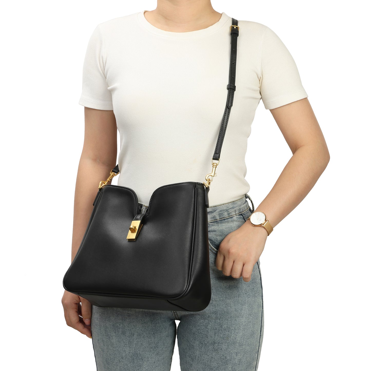Leather Shoulder Bag with Lock Detail