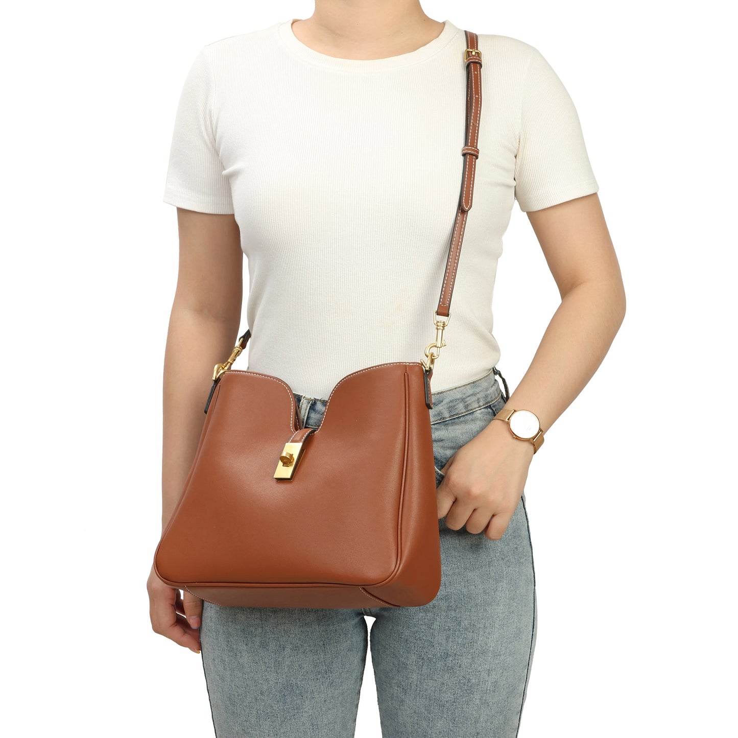 Leather Shoulder Bag with Lock Detail