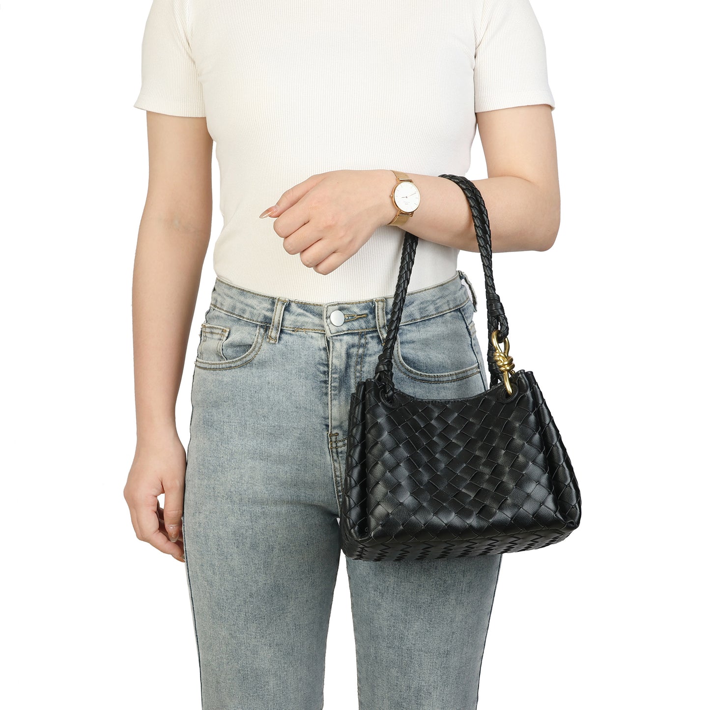 Woven Leather Shoulder Bag with Braided Strap