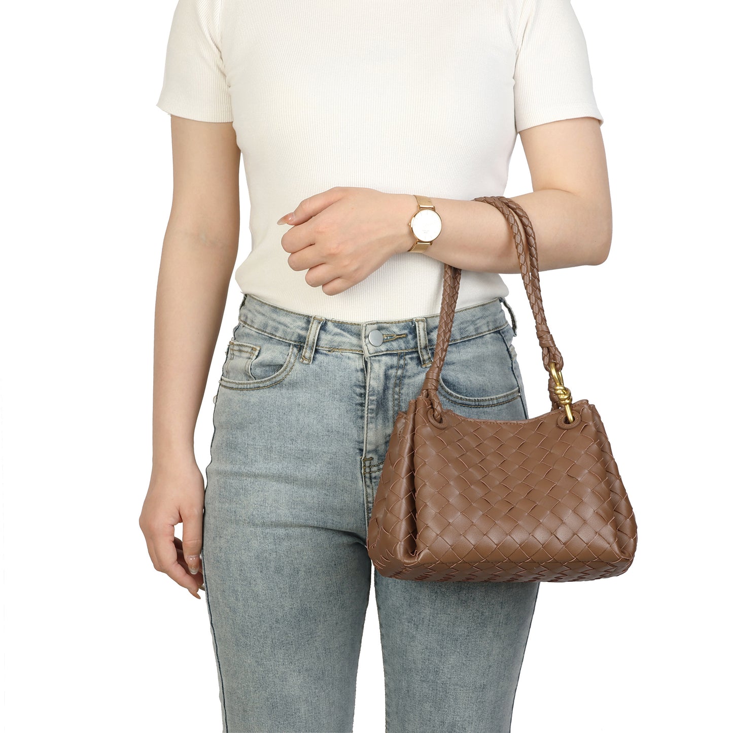 Woven Leather Shoulder Bag with Braided Strap