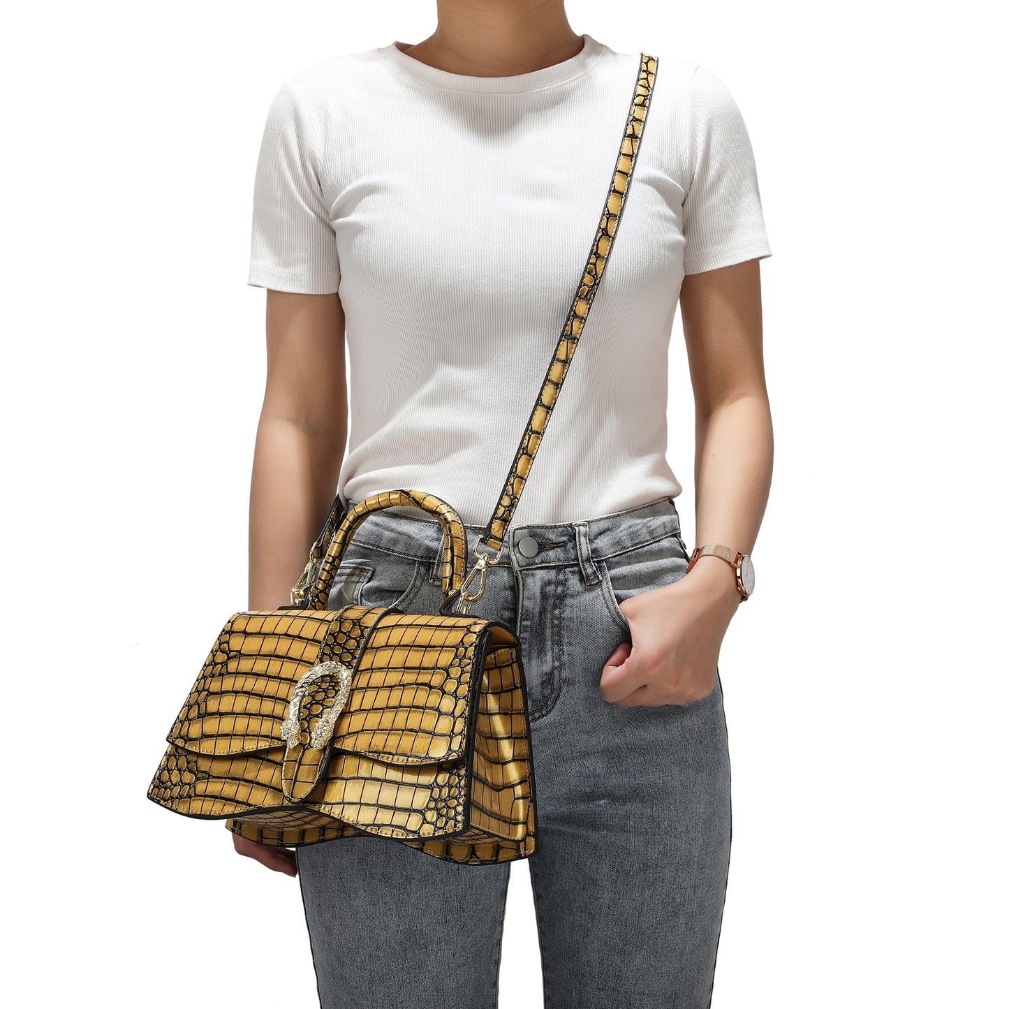 Tiffany & Fred Croc-pattern Printed Leather Satchel