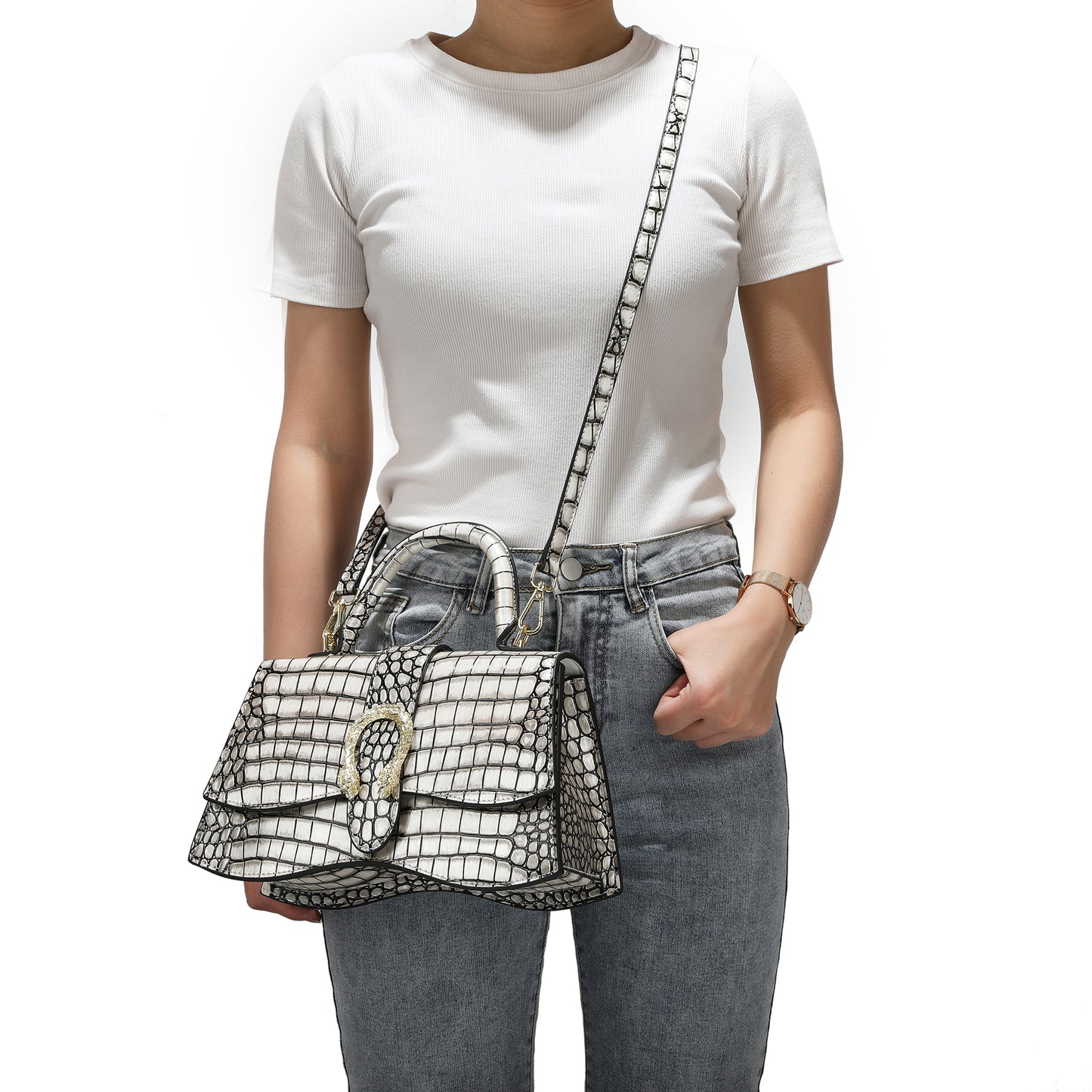 Tiffany & Fred Croc-pattern Printed Leather Satchel