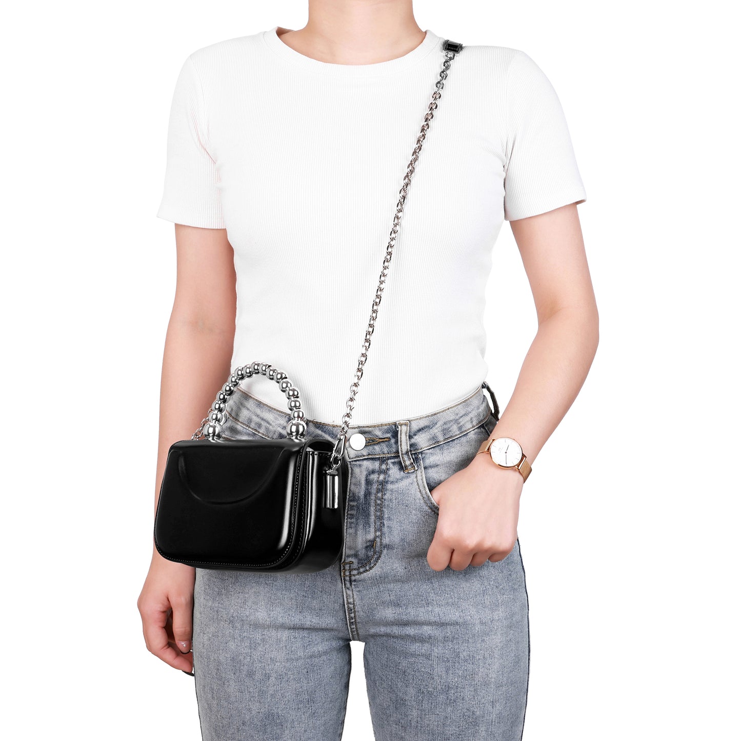 High Gloss Calf Leather Top-Handle Crossbody Bag