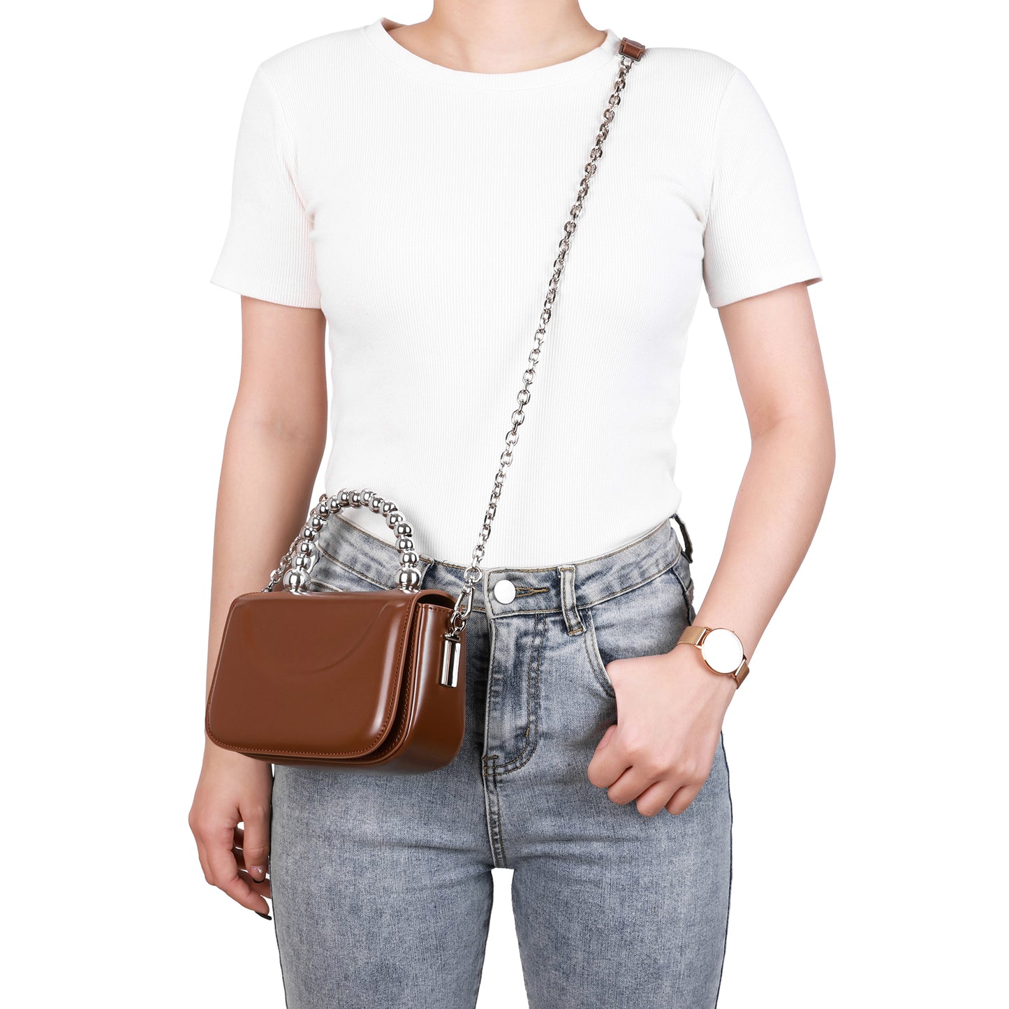High Gloss Calf Leather Top-Handle Crossbody Bag