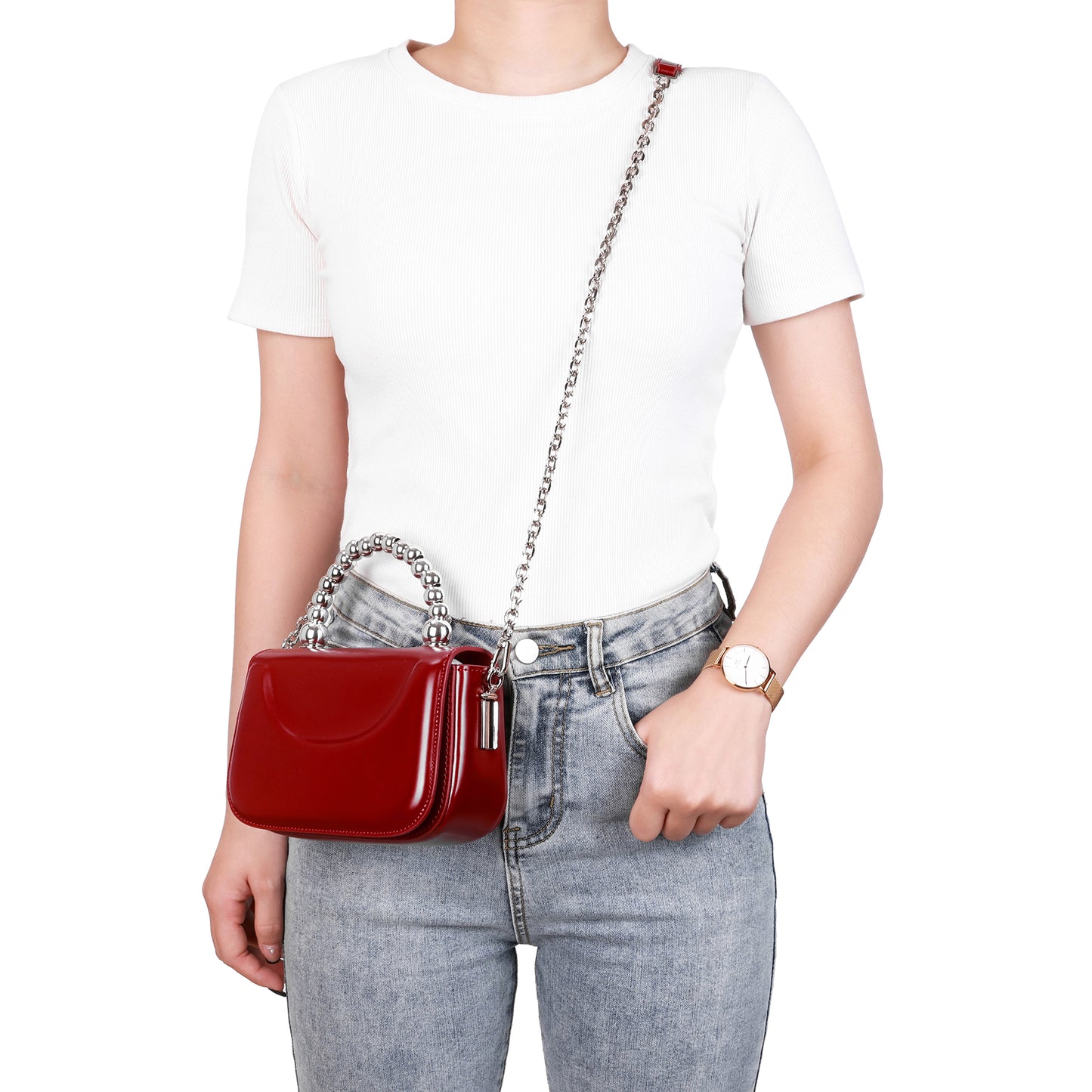 High Gloss Calf Leather Top-Handle Crossbody Bag