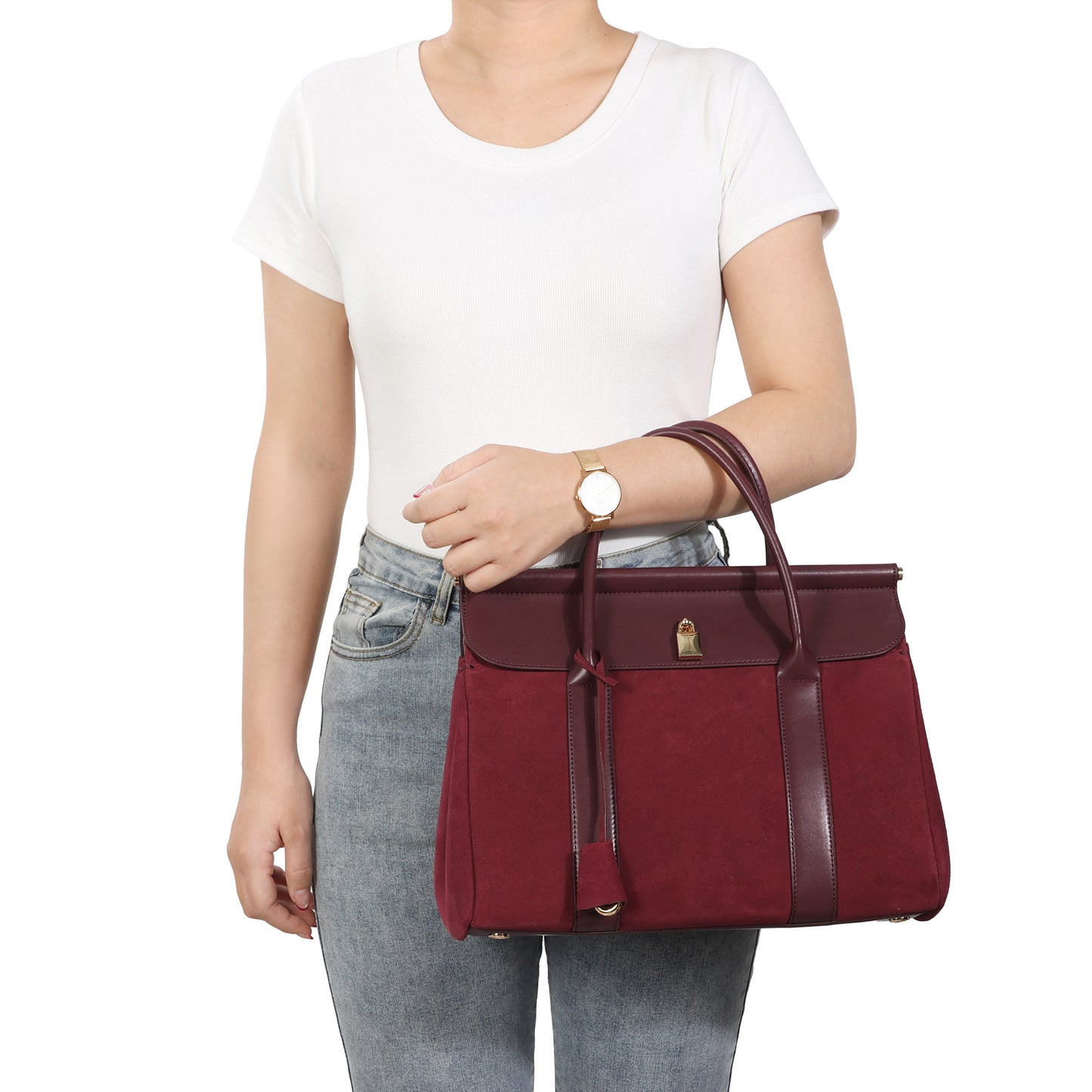 Suede and Leather Top Handle Satchel with Gold Lock Accent