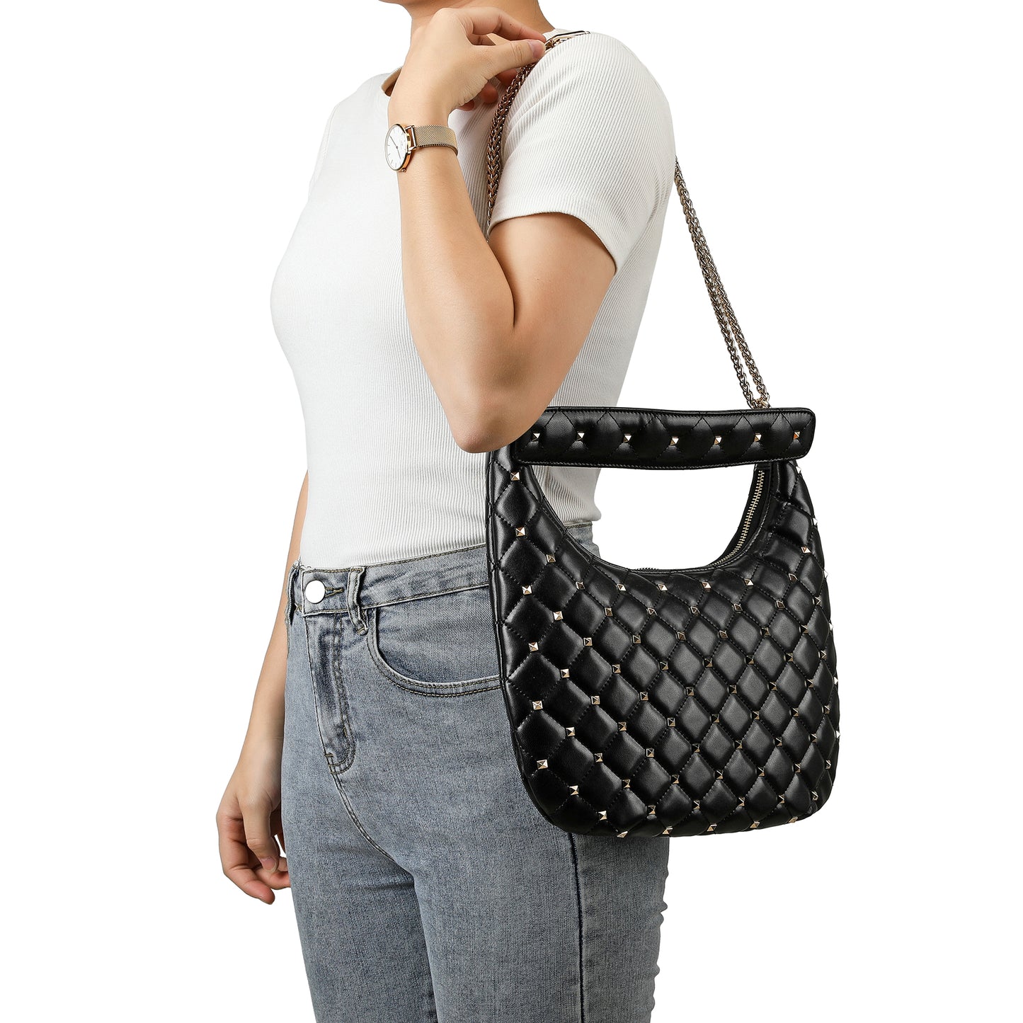 Studded Quilted Chain Shoulder Bag