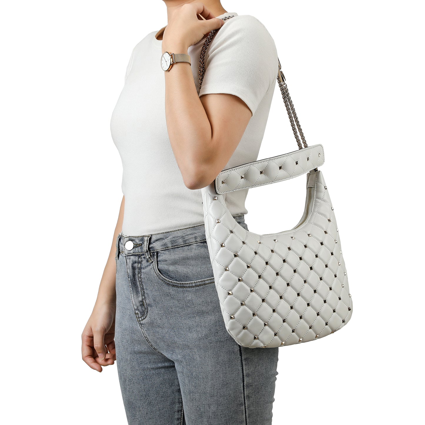 Studded Quilted Chain Shoulder Bag